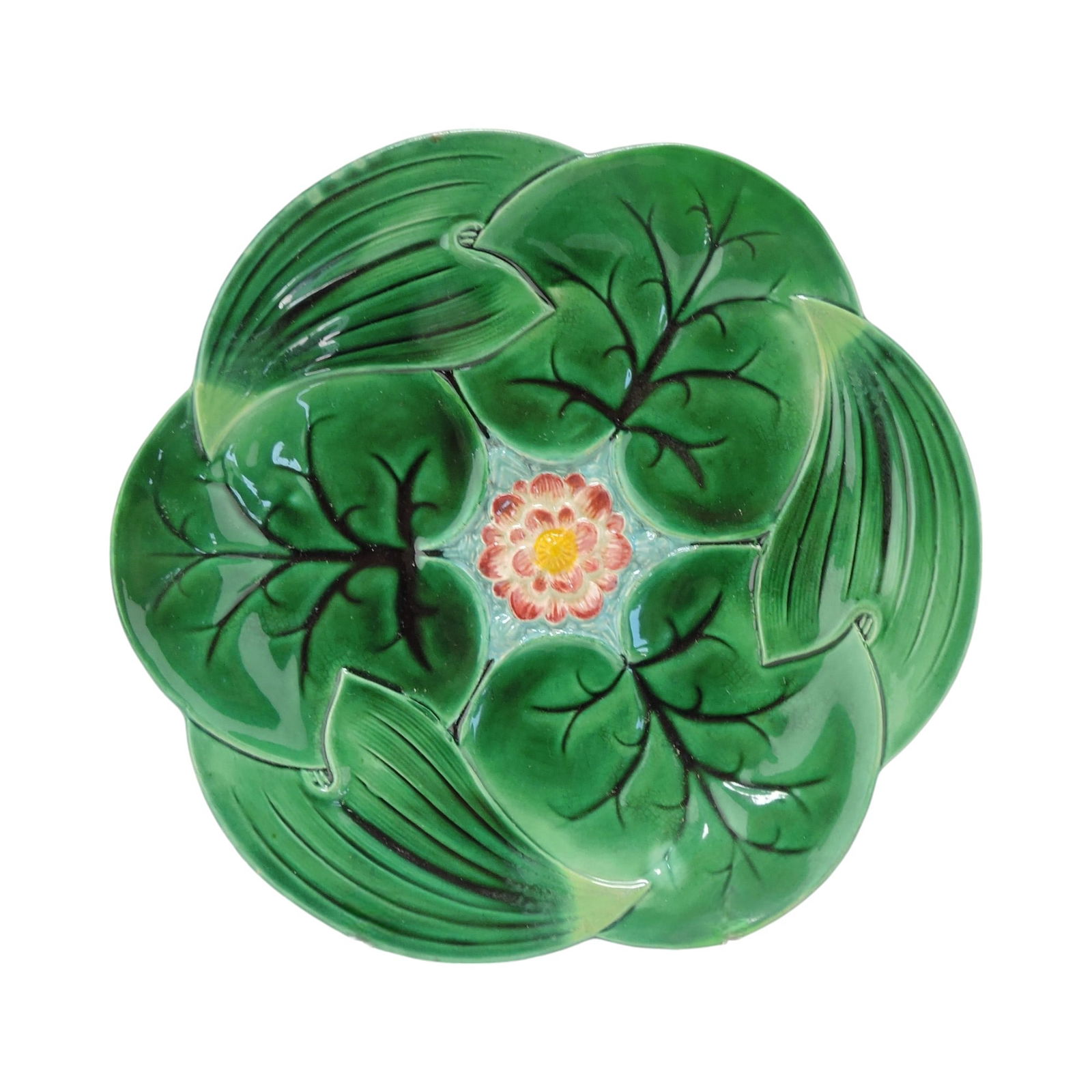 George Jones majolica pond lily: plate 9", professional rim chip repair; The Leberfeld Collection