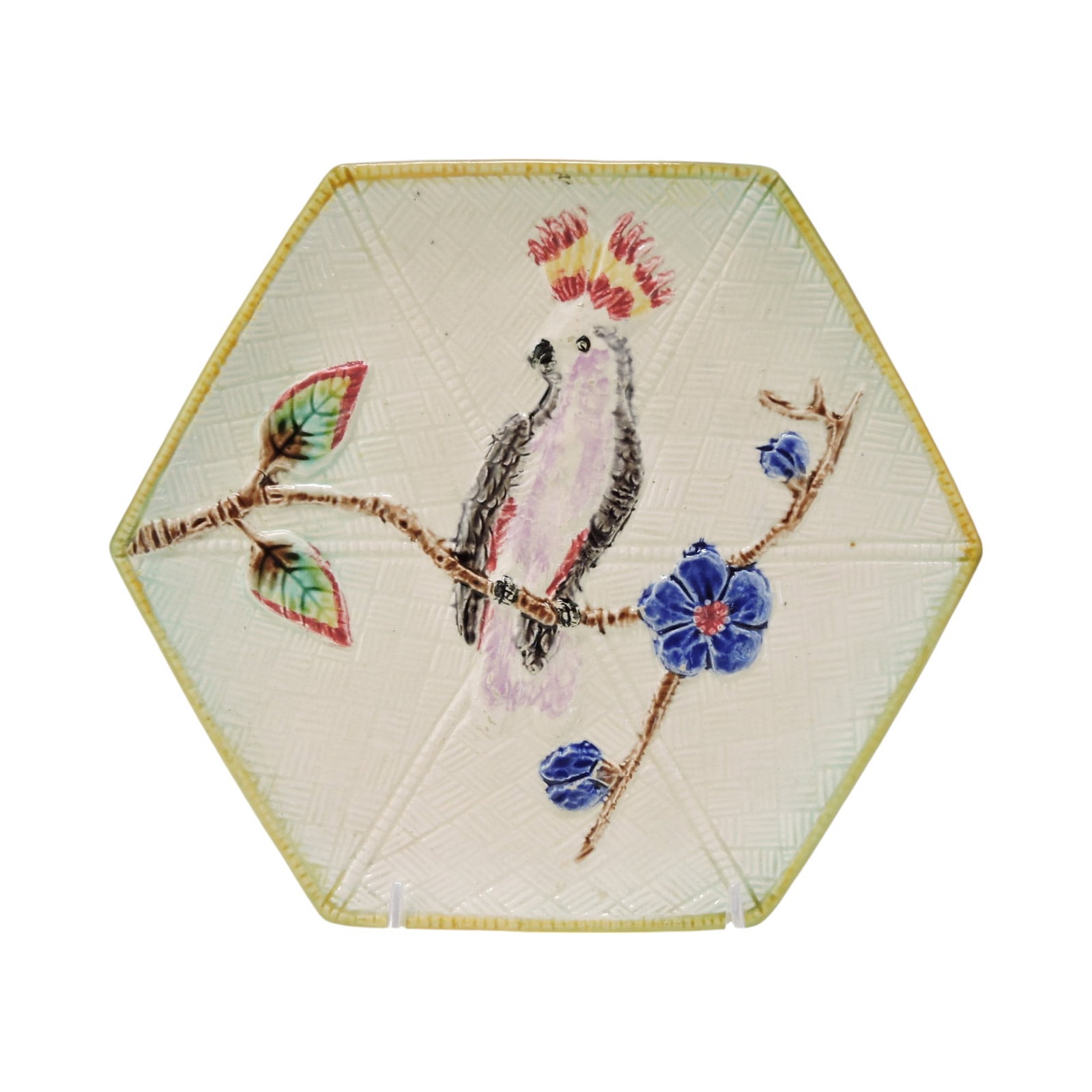Fielding majolica parrot on branch: plate, 8 1/2"; The Leberfeld Collection