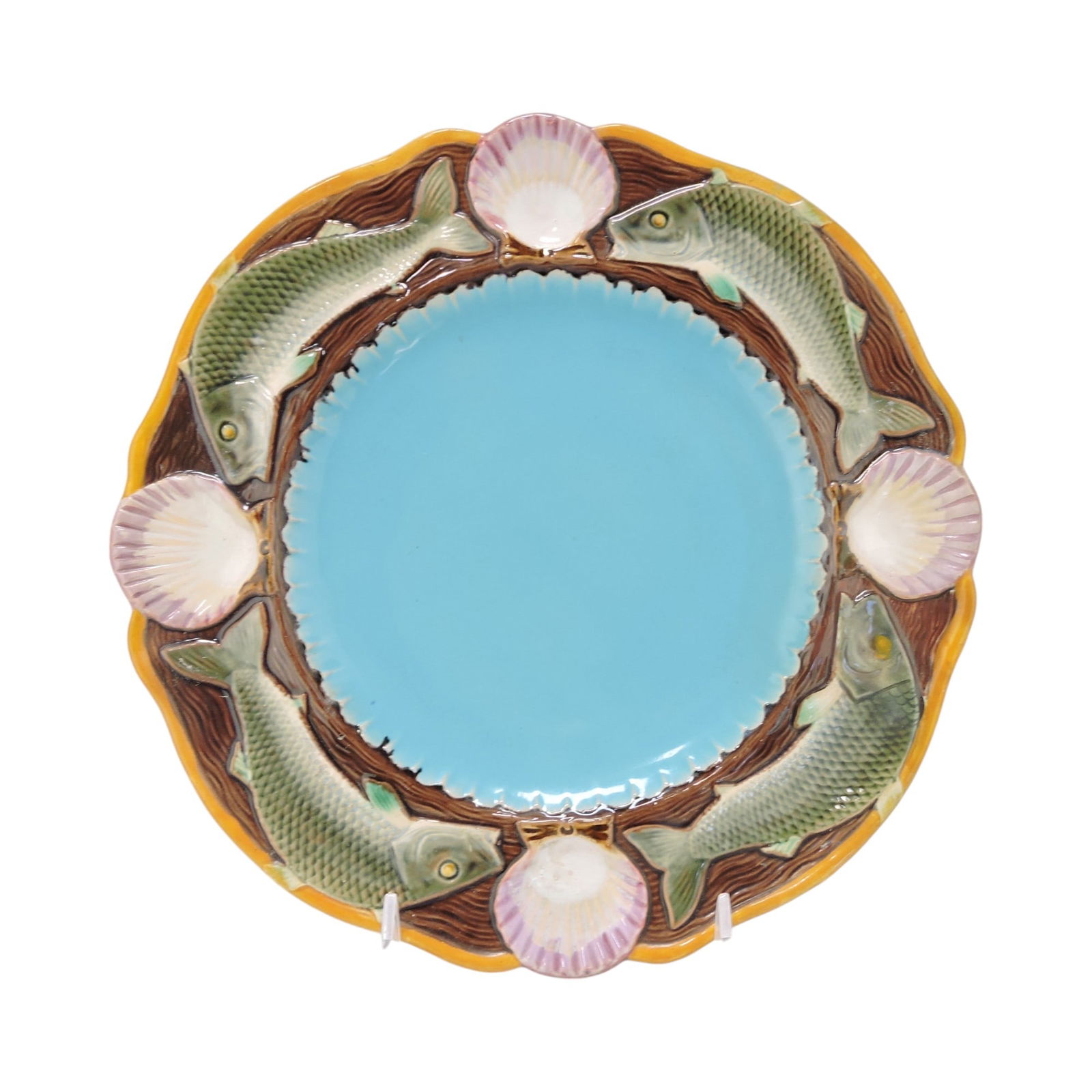 Minton majolica seafood plate, 10",: shape no. 1496, professional rim repair; The Leberfeld Collection