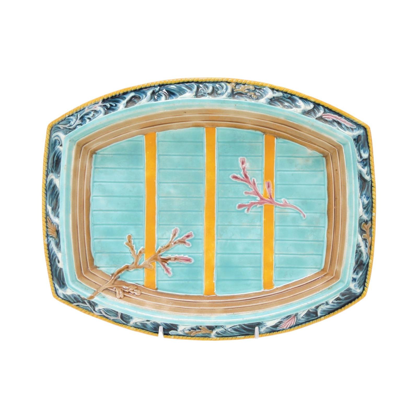 Wedgwood majolica crate on ocean: bread tray with turquoise ground, 13"; The Leberfeld Collection