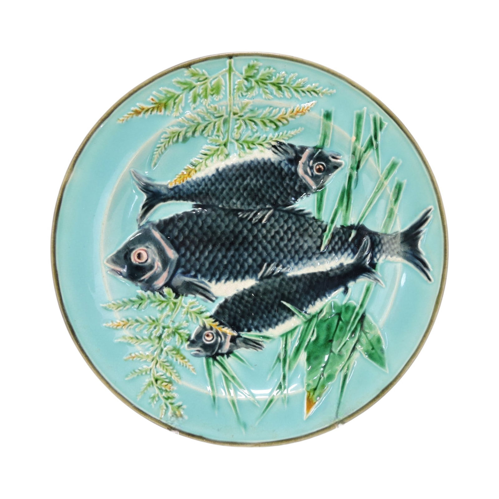 Wedgwood majolica triple fish plate, (1 of 2)