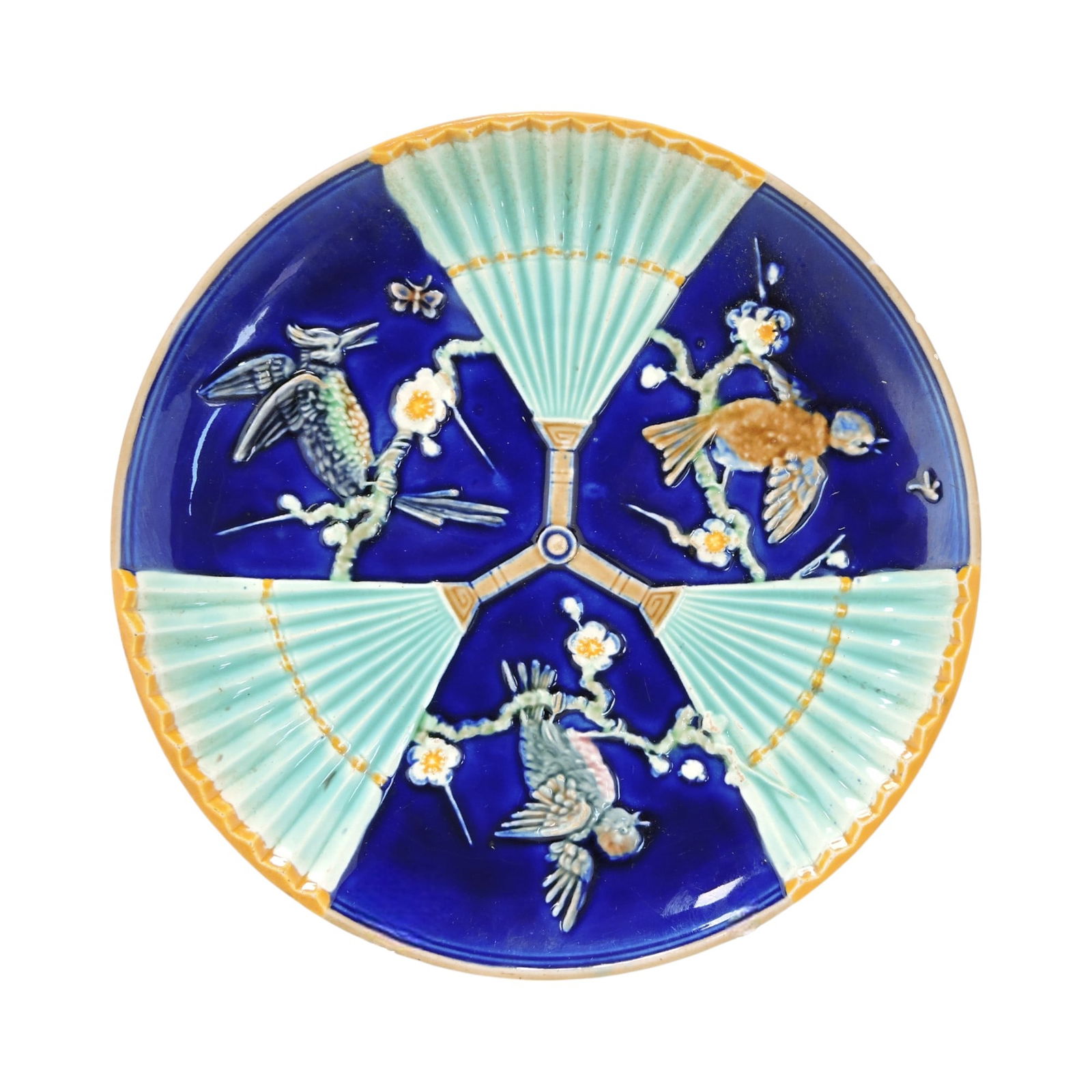 Wedgwood majolica cobalt bird and: fan (St. Louis) plate, 9"; The Leberfeld Collection