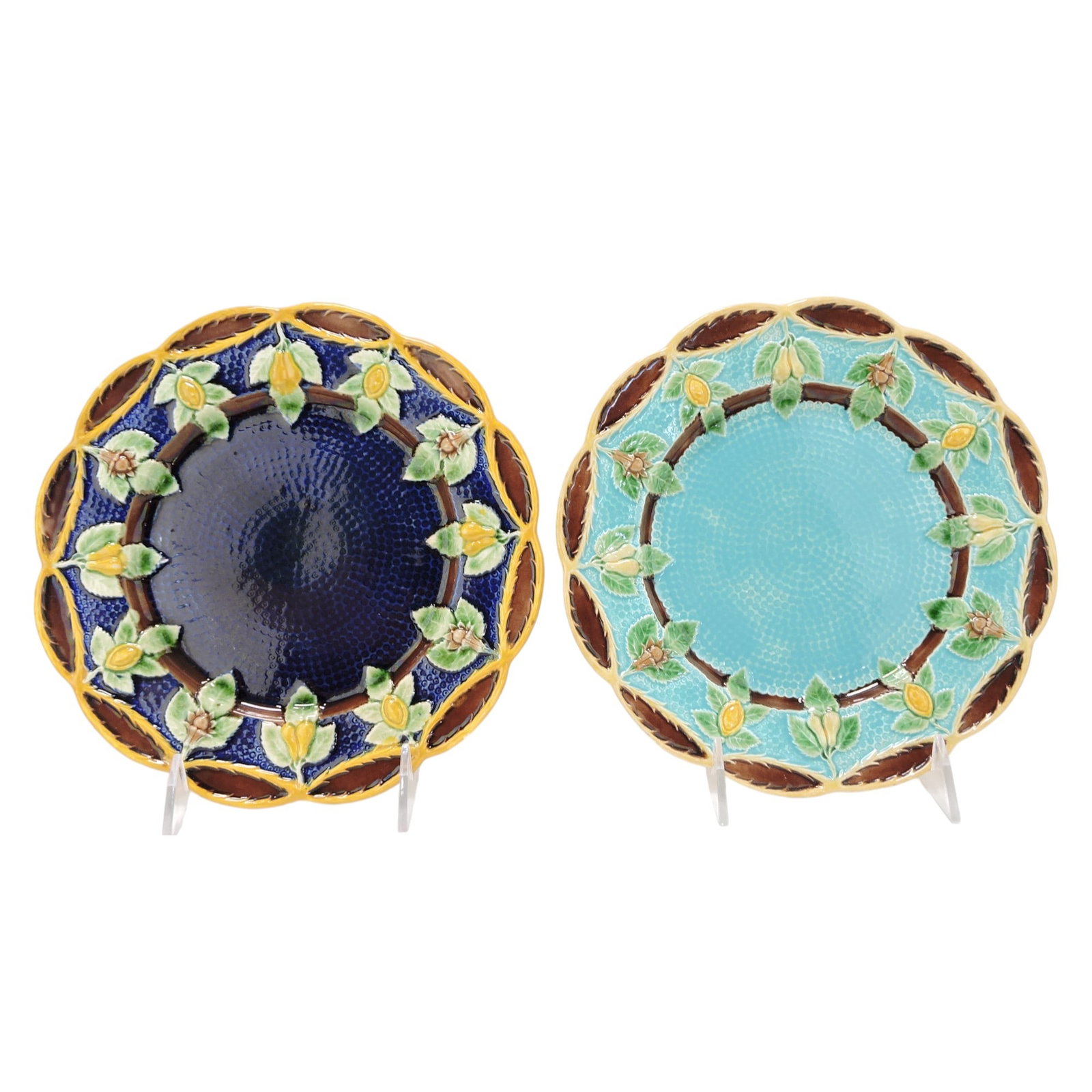 Wedgwood majolica lot of 2 plates: with pears and figs border, 8 1/2"; The Leberfeld Collection