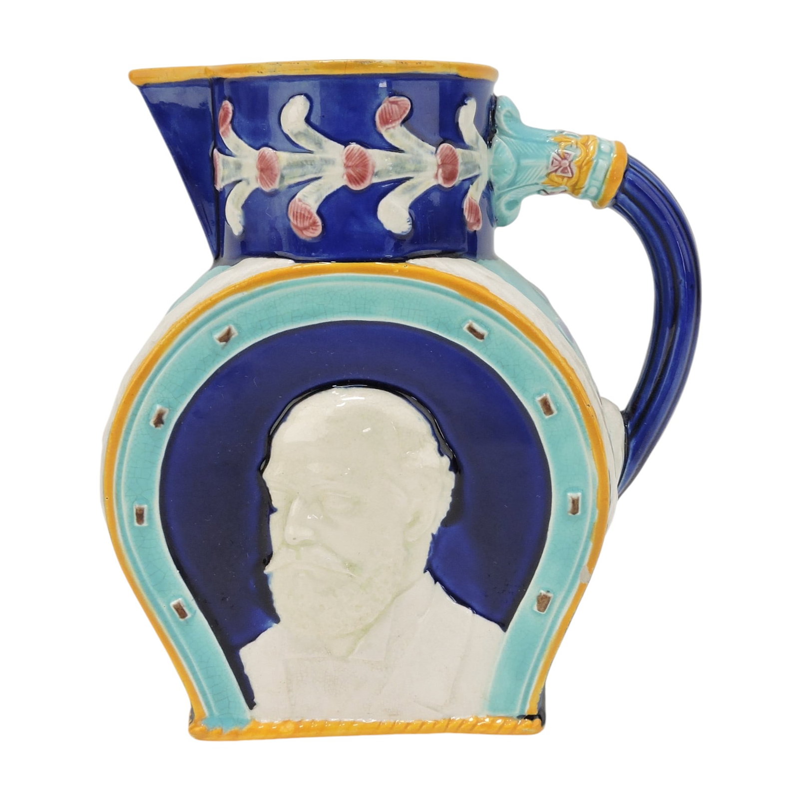 Wedgwood majolica rare Prince and: Princess of Wales pitcher, 7 1/4", minor hairline to rim; The Leberfeld Collection