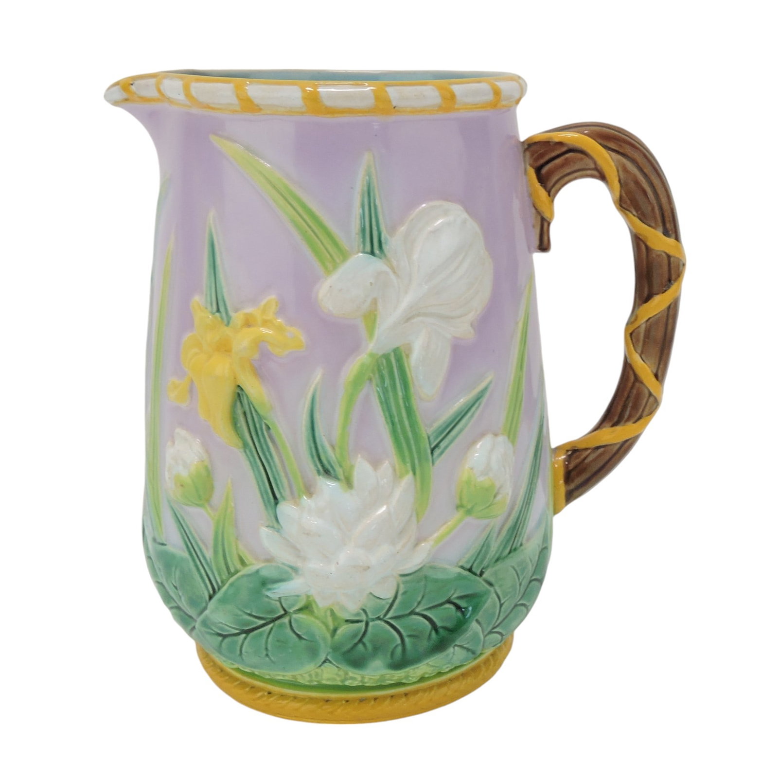 George Jones majolica water lily and: iris jug with pink ground, 7 1/4". Ref: Majolica Mania Vol 2 pg 242; The Leberfeld Collection