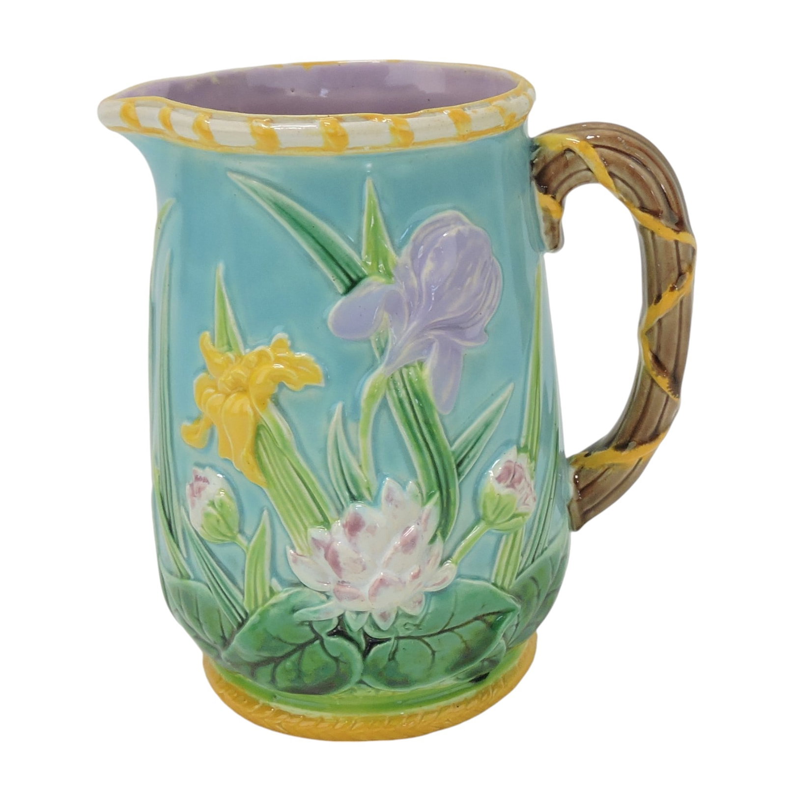 George Jones majolica water lily and: iris jug with turquoise ground, 5 1/2". Ref: Majolica Mania Vol 2 pg 242; The Leberfeld Collection