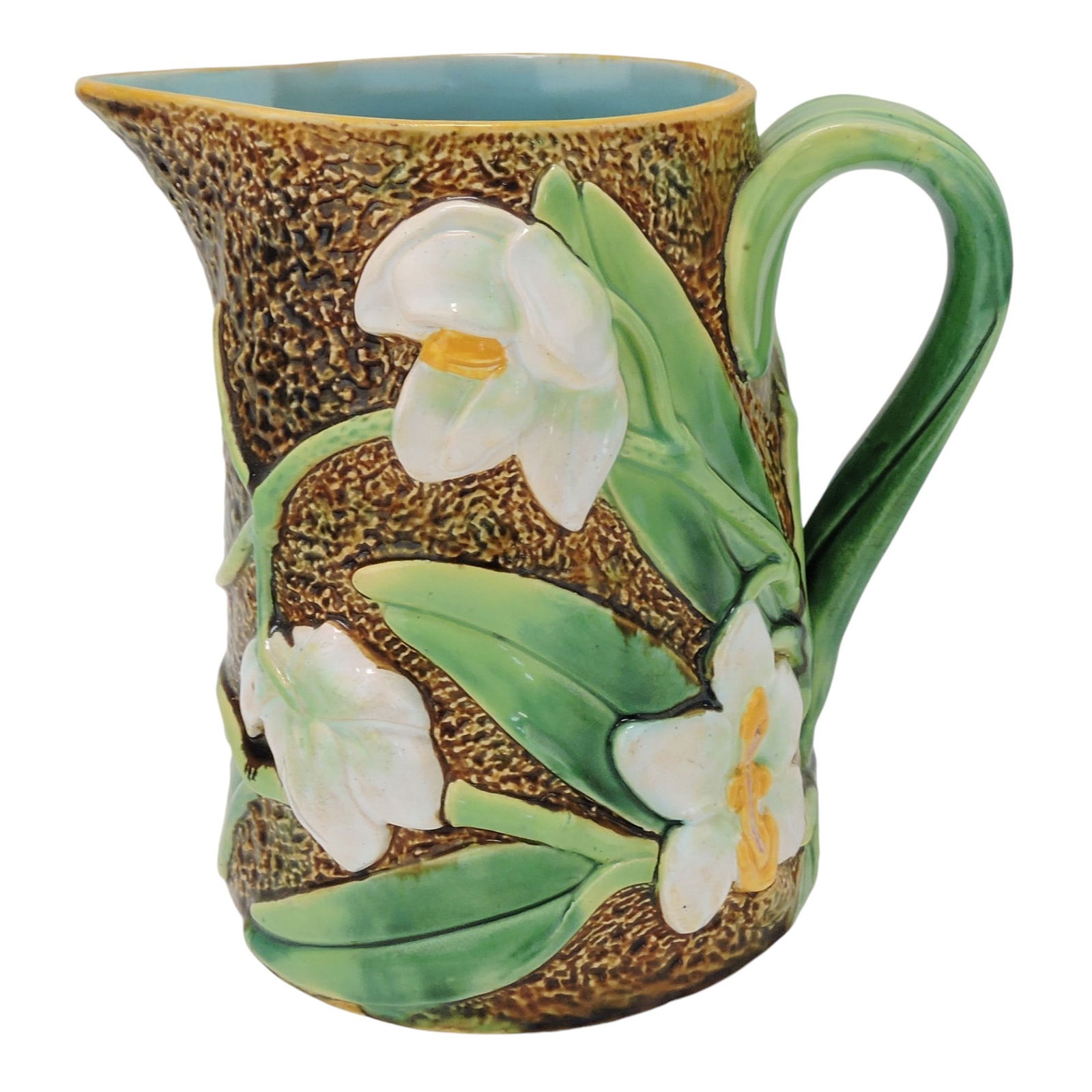 George Jones majolica tiger lily: rustic jug, 7 3/4"; The Leberfeld Collection