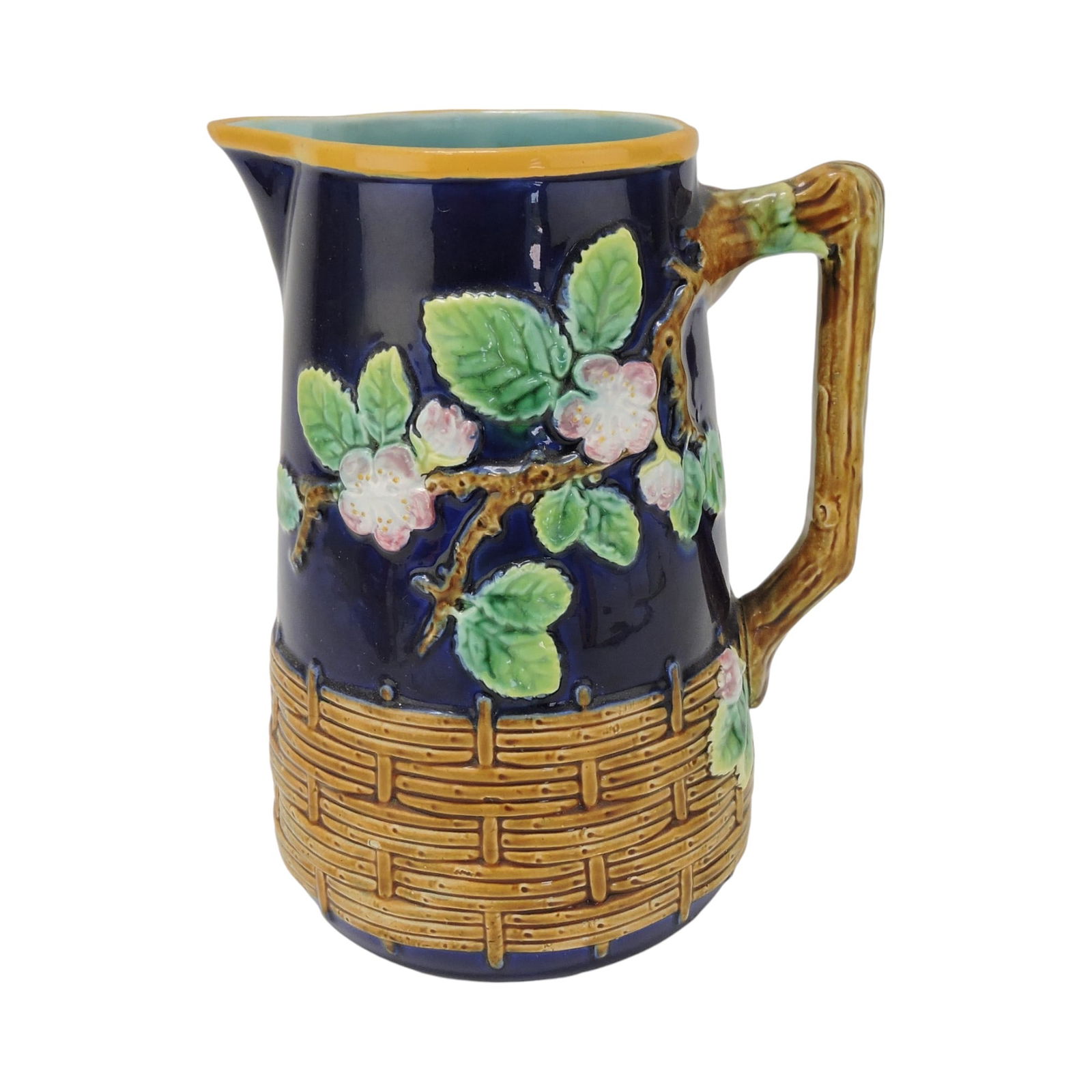 George Jones majolica cobalt apple: blossom and wicker pitcher, 8"; The Leberfeld Collection