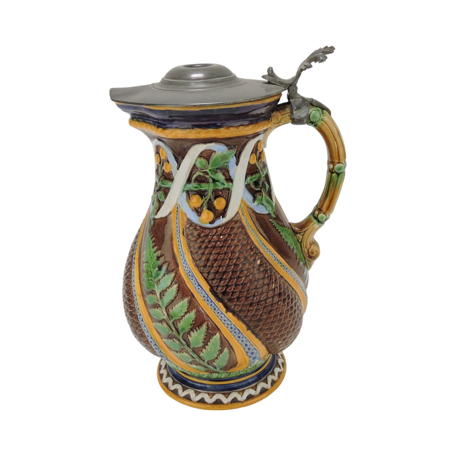 Rare Minton majolica hops jug with: pewter top, 9 1/2", professional rim and spout repair. The Leberfeld Collection