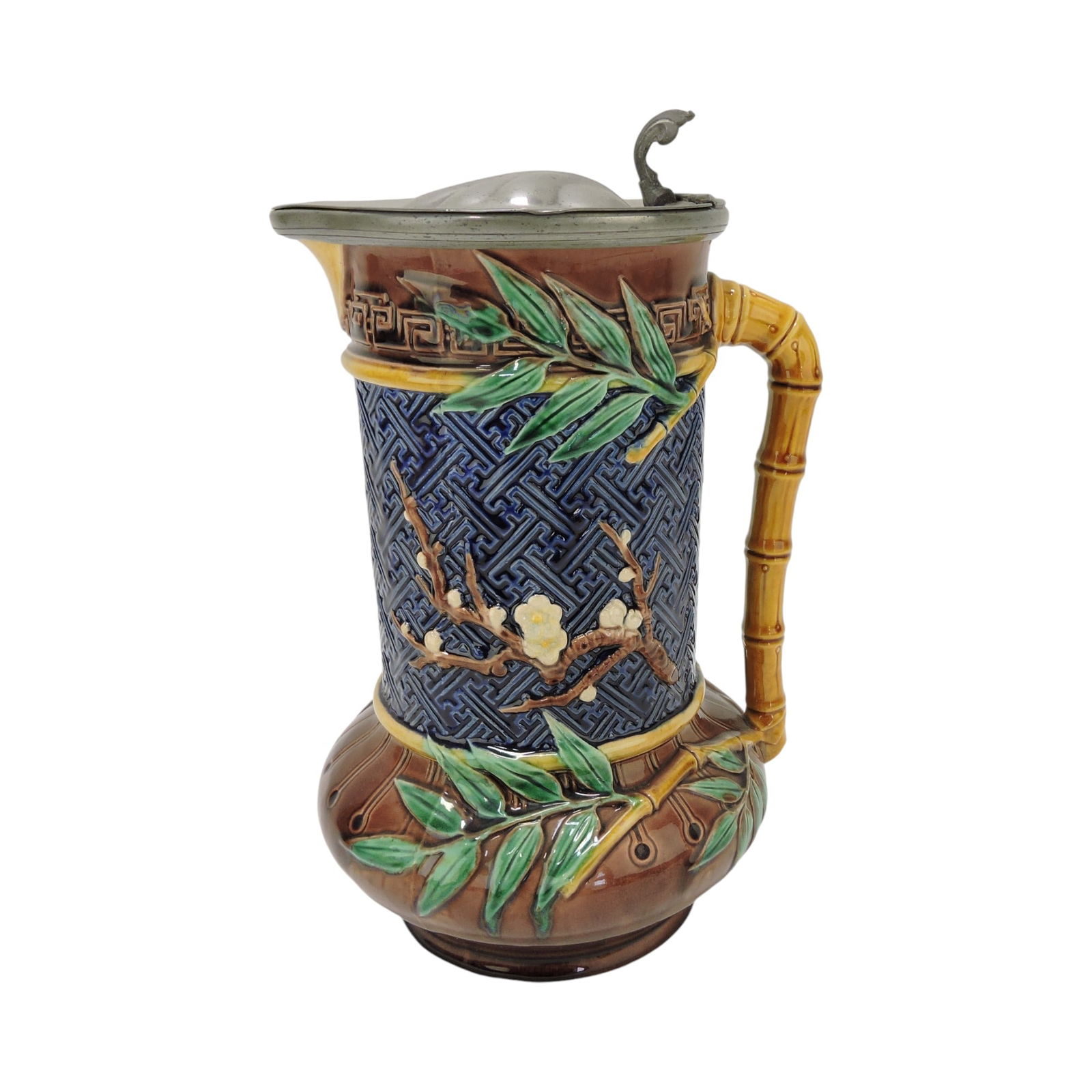 Minton Aesthetic Movement jug with: pewter top, bamboo handle, 10"; The Leberfeld Collection
