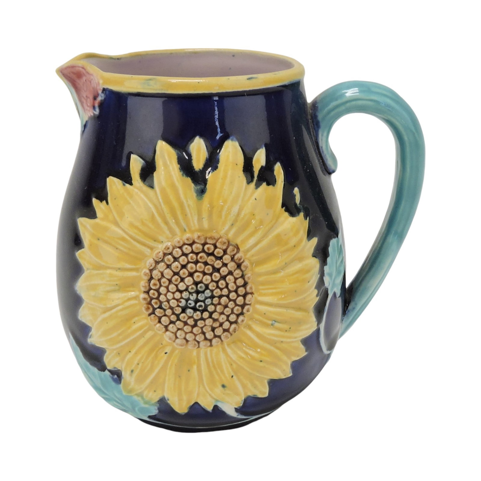 Majolica cobalt sunflower pitcher 5";: The Leberfeld Collection
