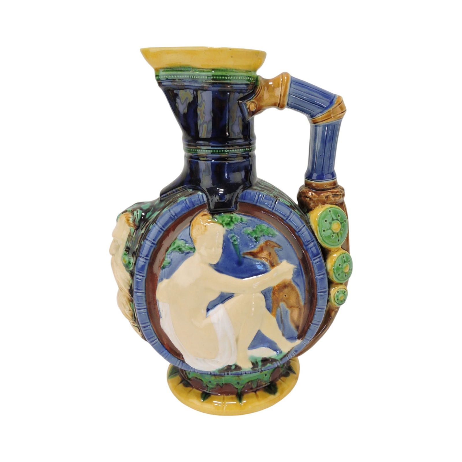 Minton majolica 'Diana' ewer with: large circular panel depicting Diana the Huntress, 11"; The Leberfeld Collection