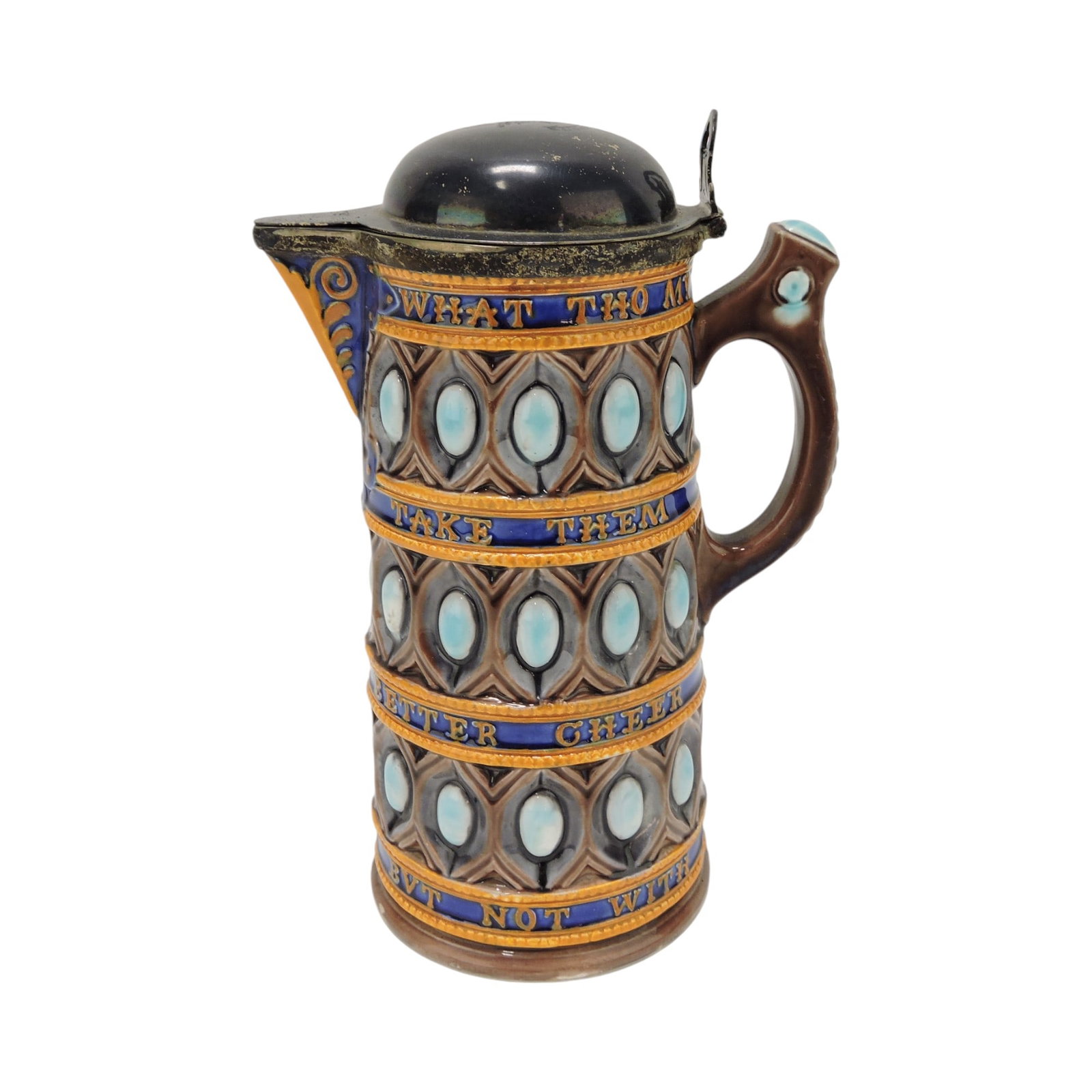 Wedgwood majolica caterer jug with: silverplate top, 8 1/2"; The Leberfeld Collection