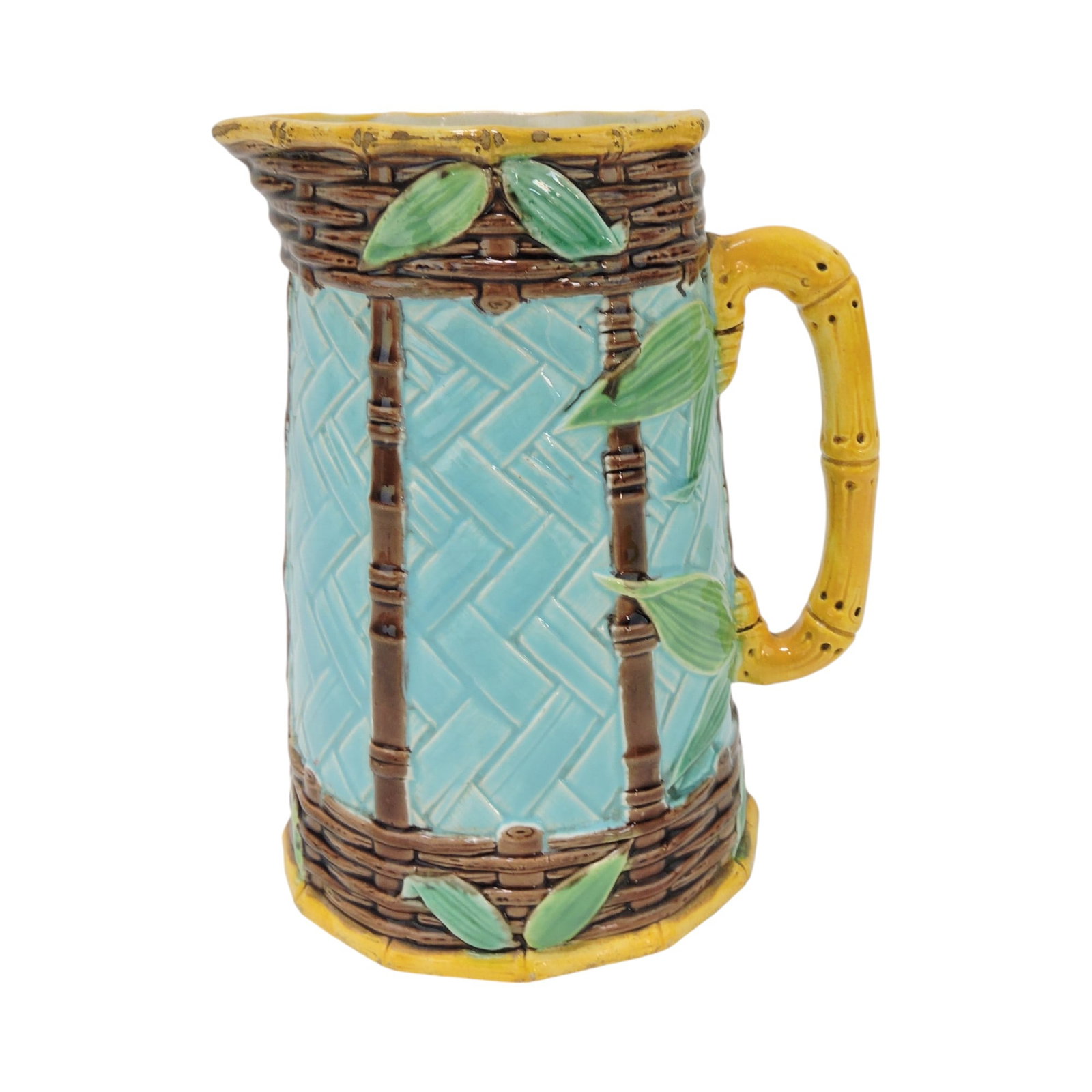 Victoria Pottery Co (VPC) majolica: pitcher with bamboo handle, 7", ref: Majolica Mania Vol 2 pg 473. The Leberfeld Collection
