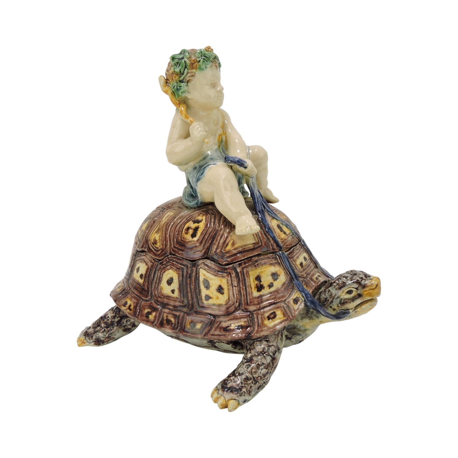 School of Paris Palissy majolica: figure of putto riding tortoise, 8 1/2"h, 8"l. The Leberfeld Collection