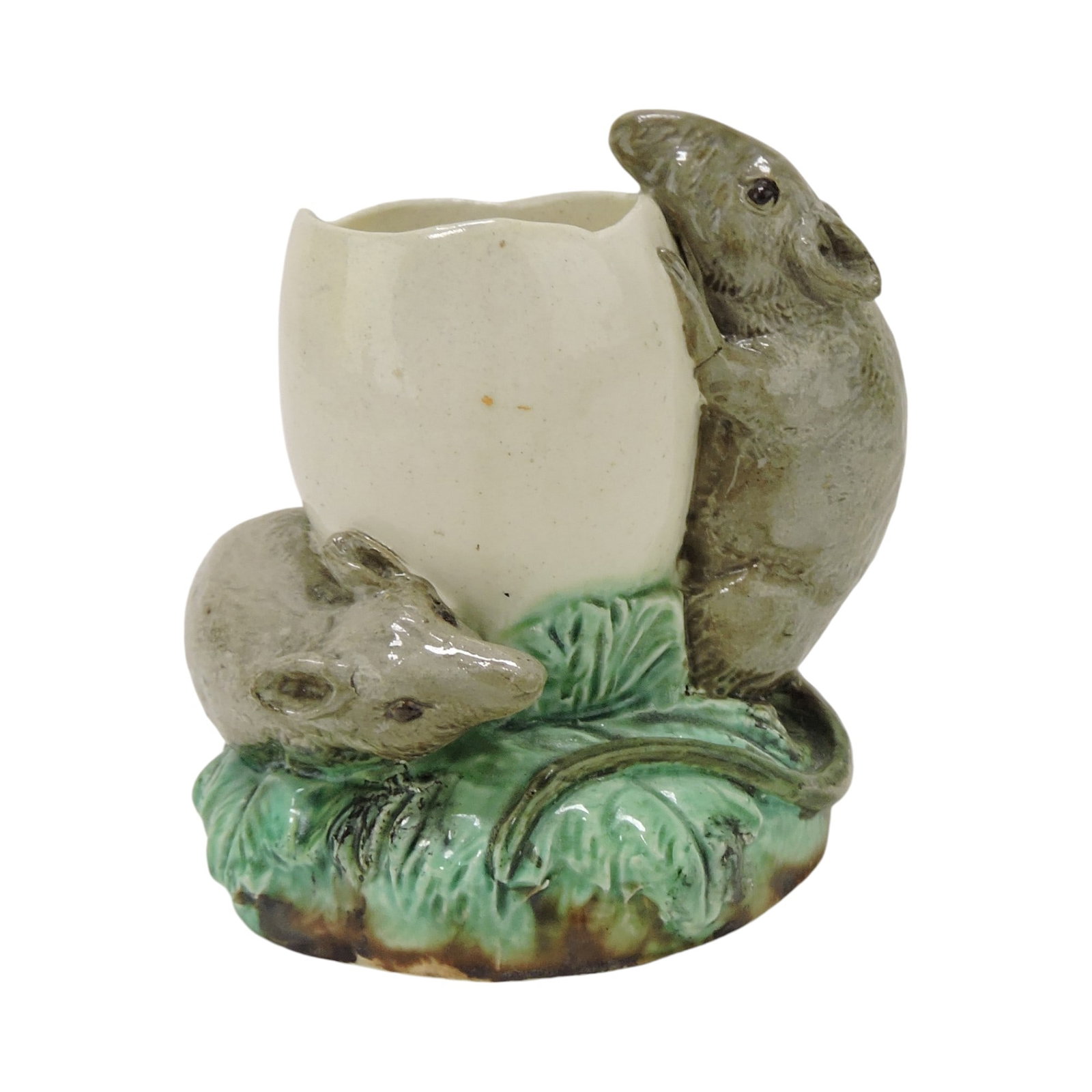 Wayte and Ridge majolica toothpick: holder in the form of an egg with two mice, 3", professional repair to mouse. The Leberfeld Collection