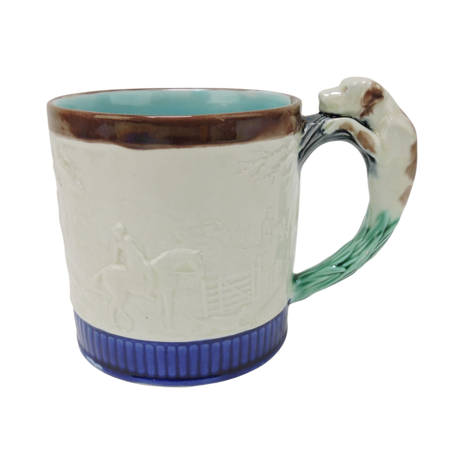 Wedgwood majolica 'Fox Hunt' mug: with hound handle. The Leberfeld Collection