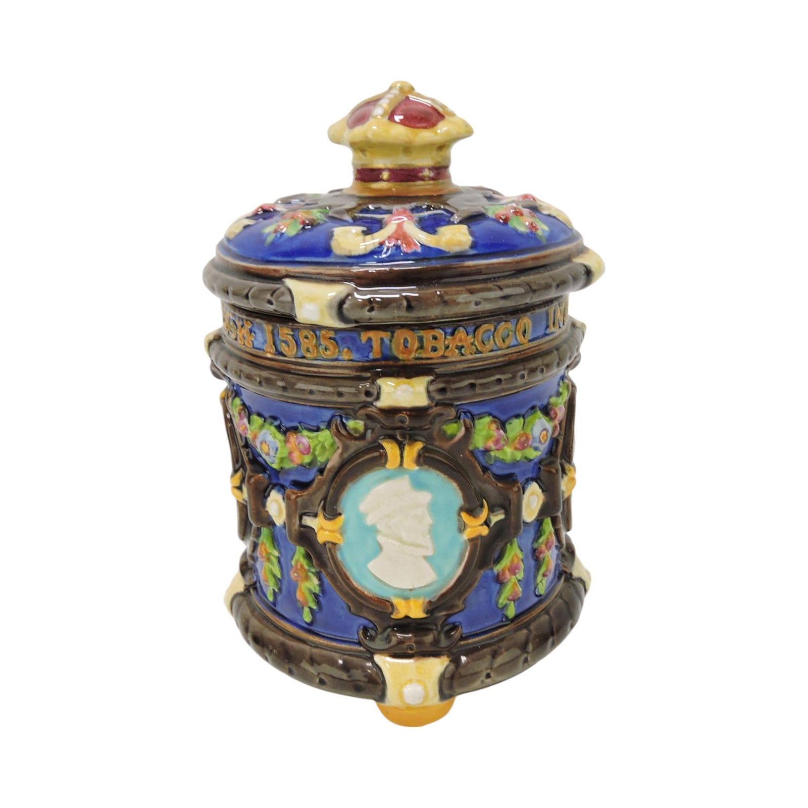 Wedgwood majolica 'Sir Walter: Raleigh' tobacco jar, 5 1/2", ref: Majolica Mania Vol 1 pg 135. The Leberfeld Collection