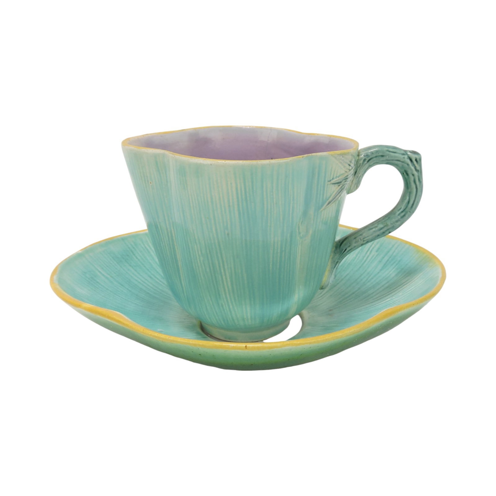 Holdcroft turquoise majolica cup and: saucer. The Leberfeld Collection