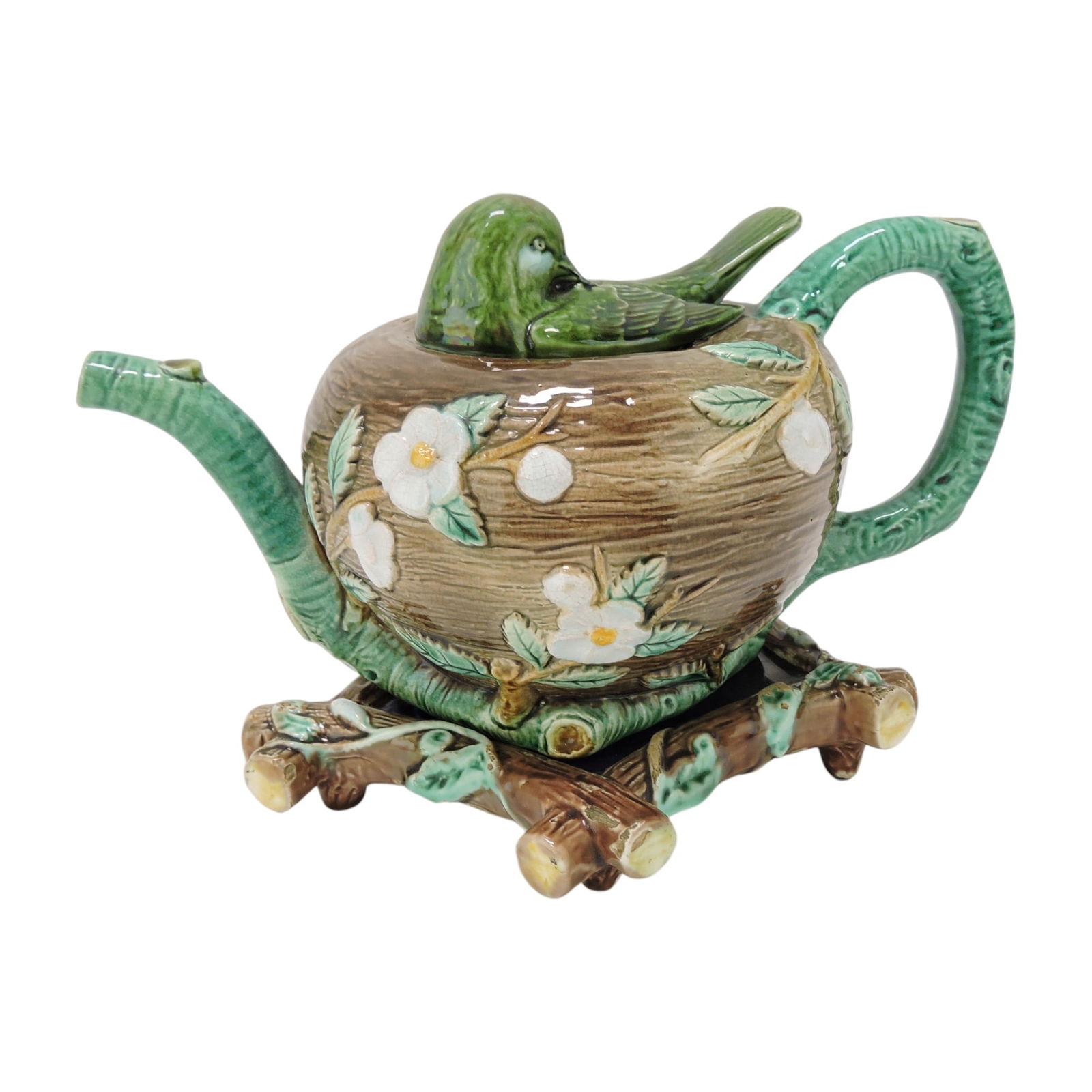 Holdcroft majolica bird on nest: figural teapot with branch tea trivet; ref: Majolica Mania Vol 2 pg 345. The Leberfeld Collection