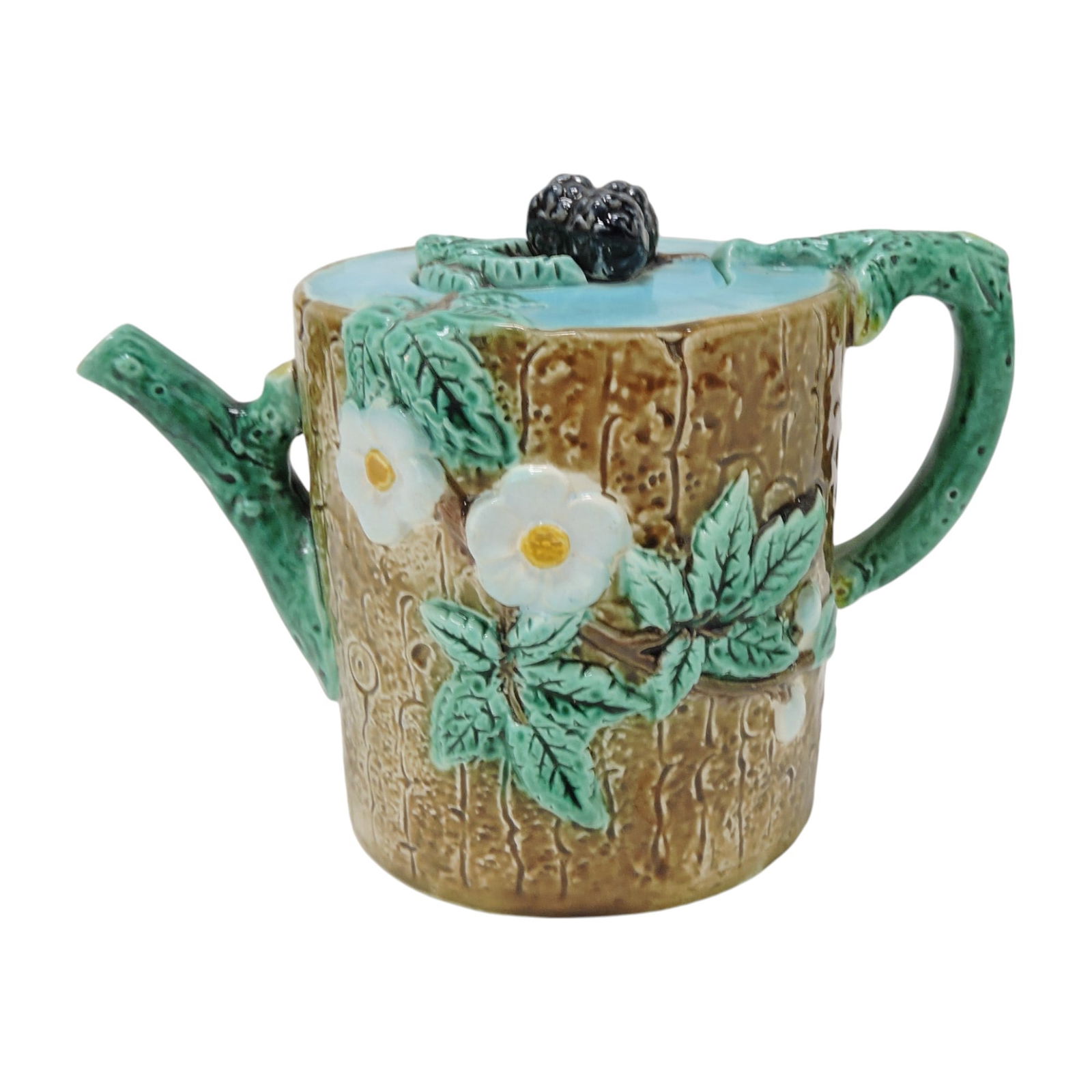 Holdcroft majolica blackberry and: tree bark teapot, 4 3/4". The Leberfeld Collection