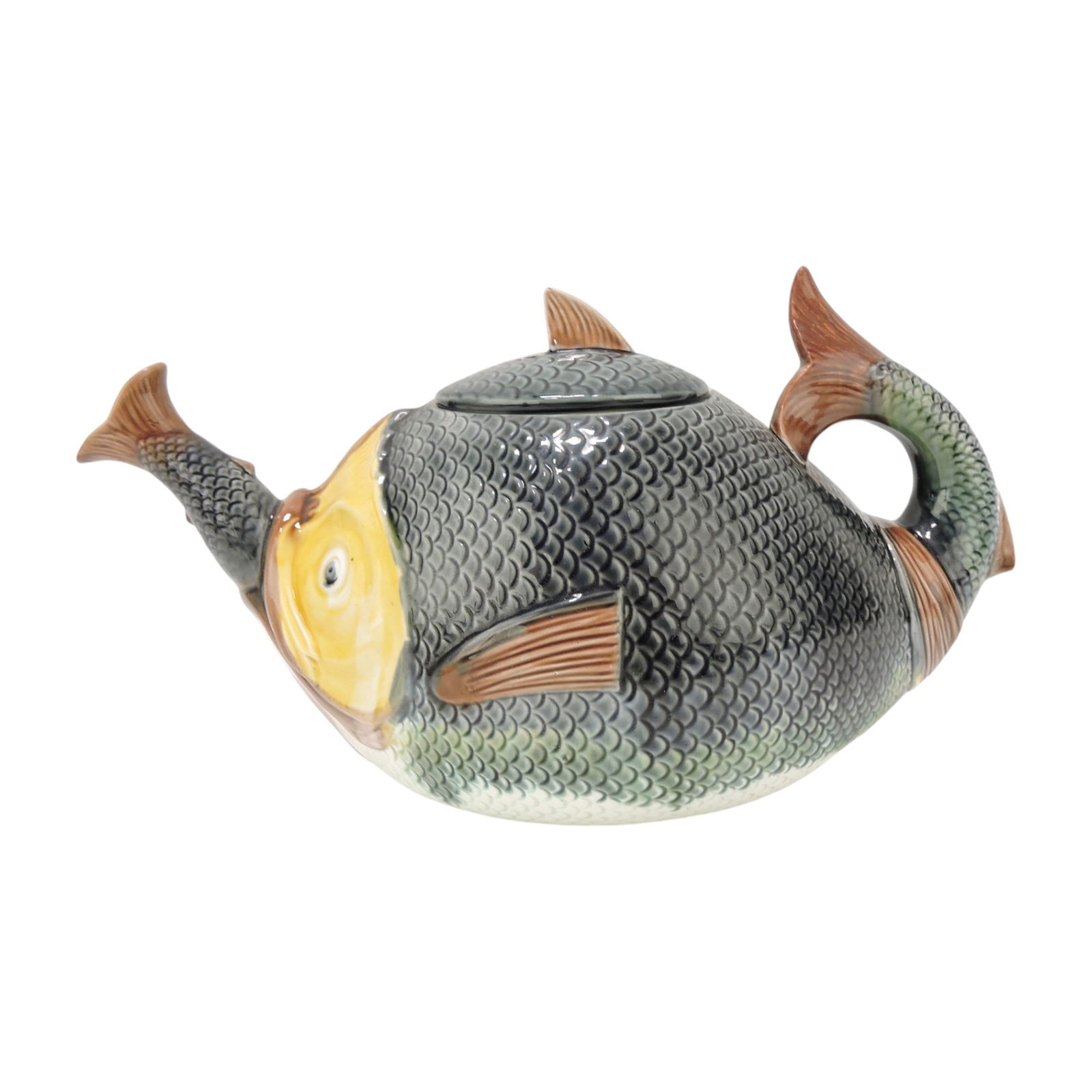 Adams & Bromley majolica: fish swallowing fish teapot, professional spout and tail fin repair, 6 1/2"h. The Leberfeld Collection
