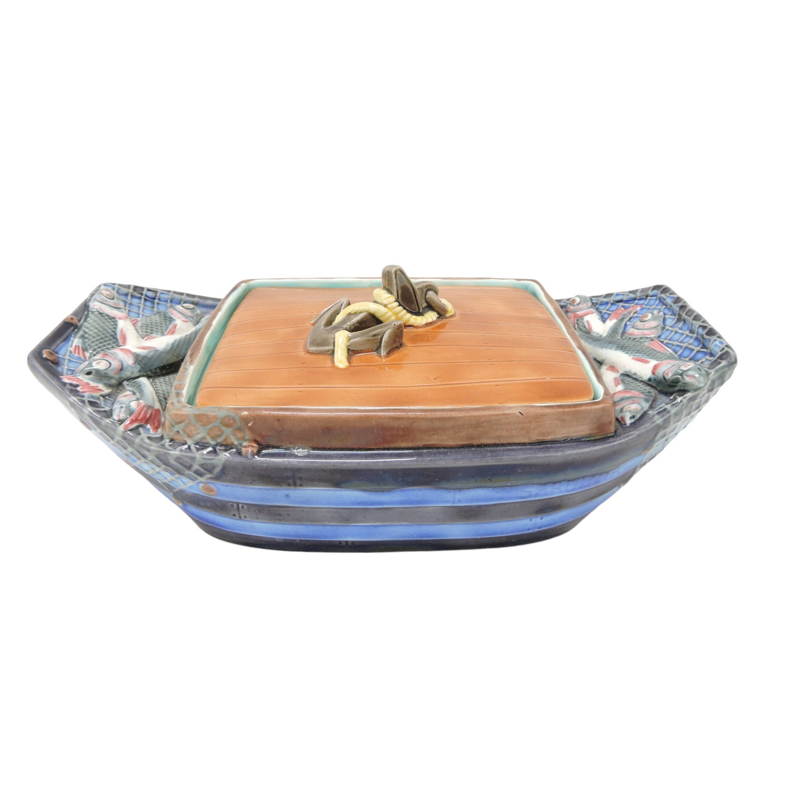 Wedgwood majolica 'Sardina' sardine: box in the form of a boat with catch of the day and an anchor finial, 9 3/4". The Leberfeld Collection