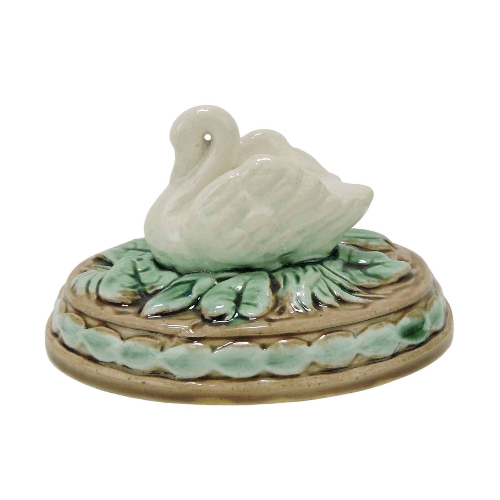 RARE Etruscan majolica swan: on oval base paperweight, 2 1/2"h, 4"w