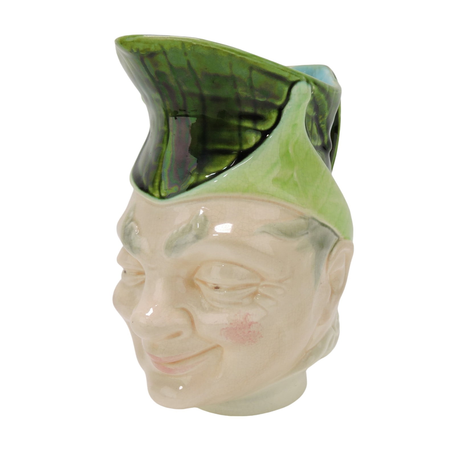 Sarreguemines majolica 'Puck': face jug, 7"