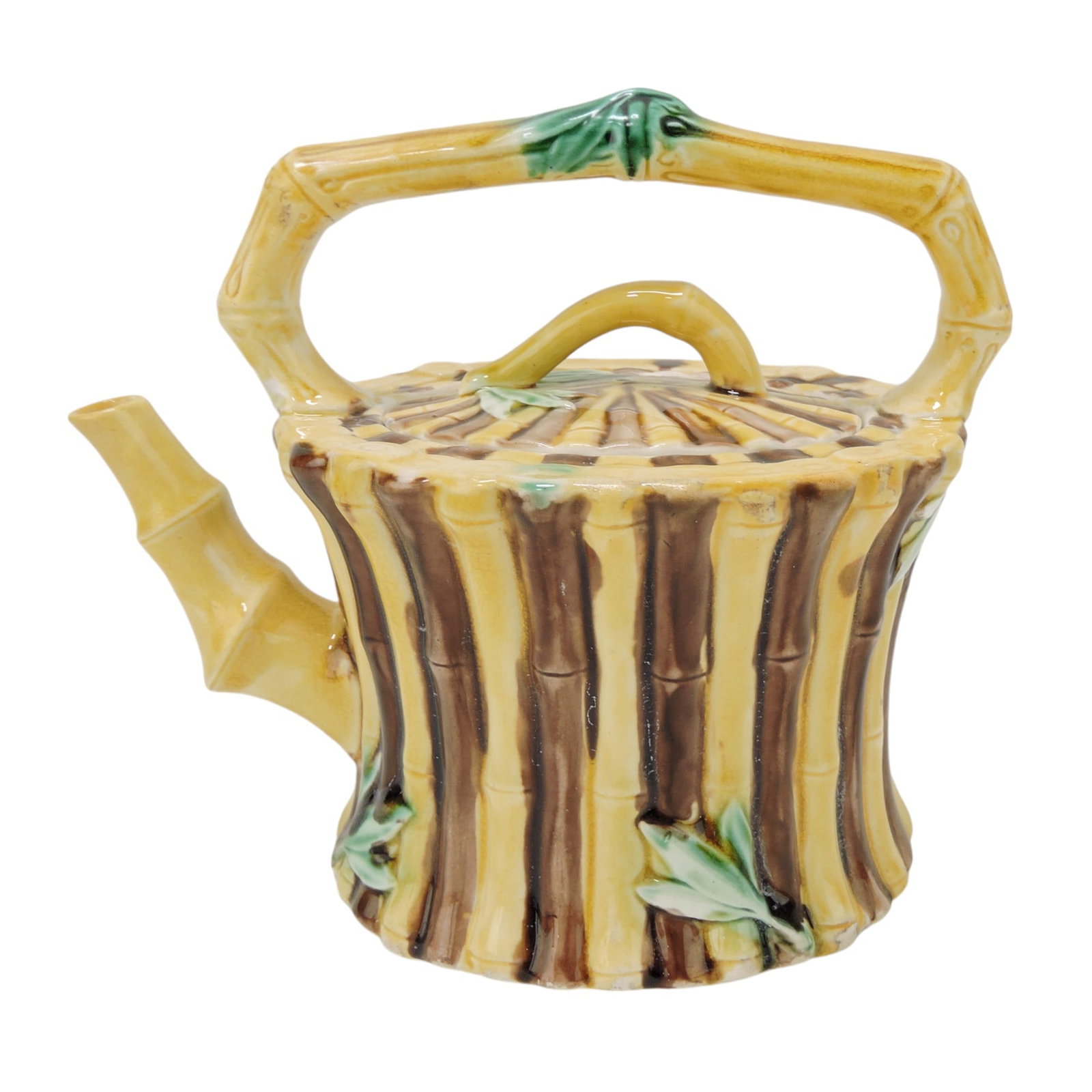 Wedgwood majolica bamboo kettle: with leaf detail to body and handle, 6", professional spout tip repair