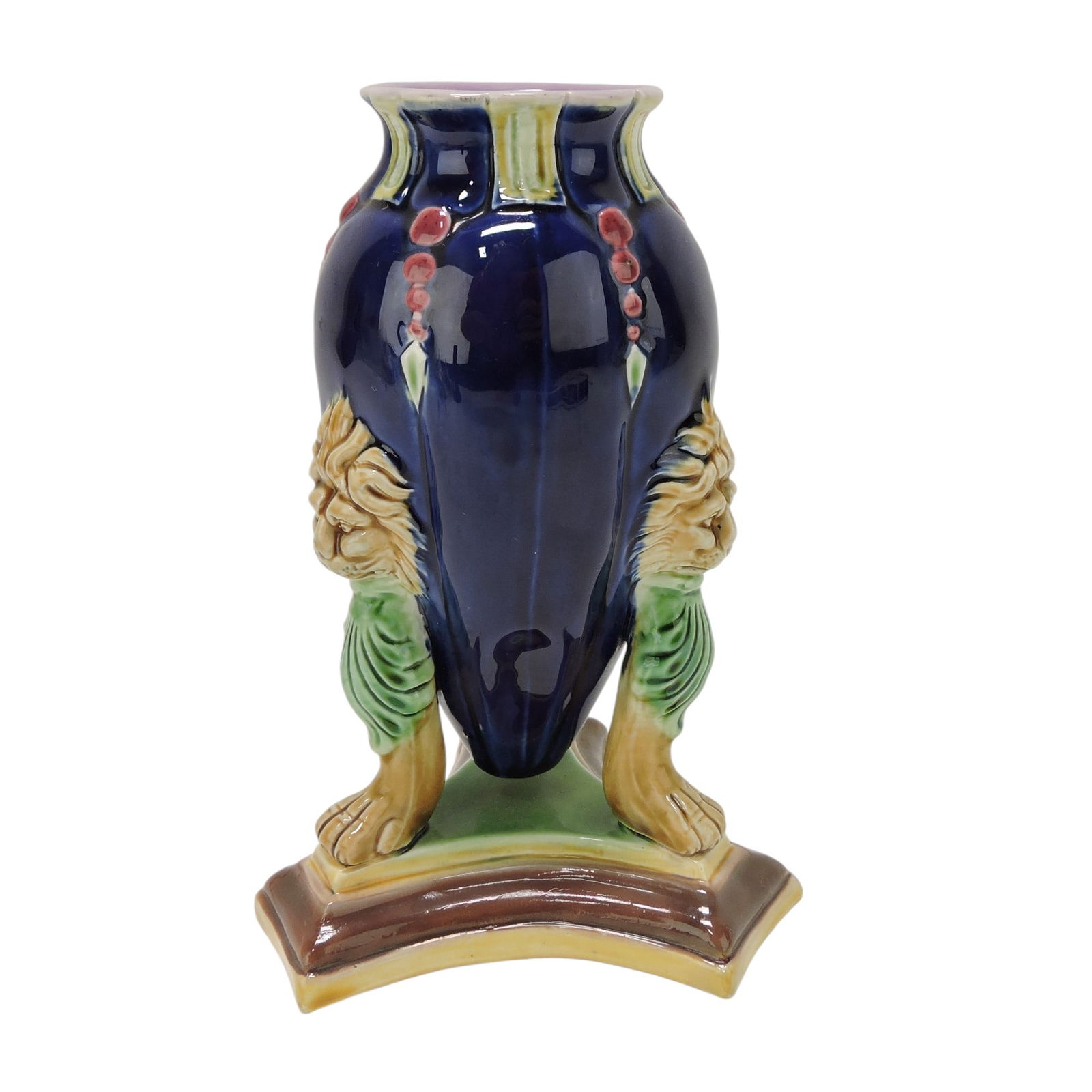 Majolica amphora vase with lion: heads and tri-corner paw footed base, 7", professional base rim repair