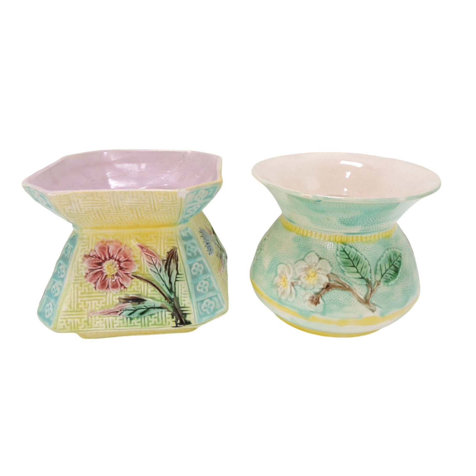 Majolica lot of 2 floral spittoons: .