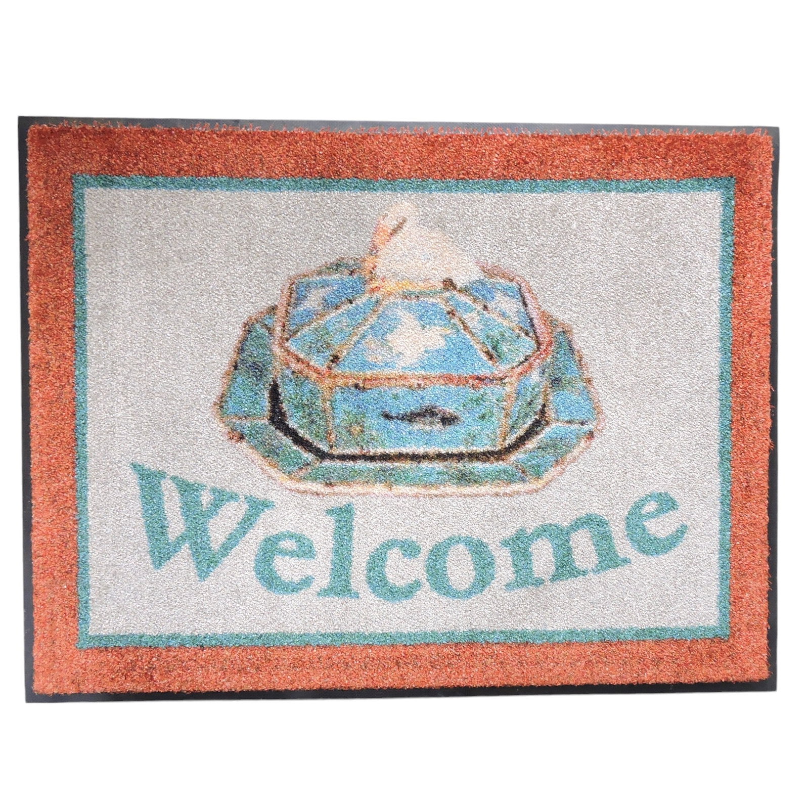 Majolica welcome mat, commercial: grade welcome mat with George Jones pelican sardine box, 24"x32"