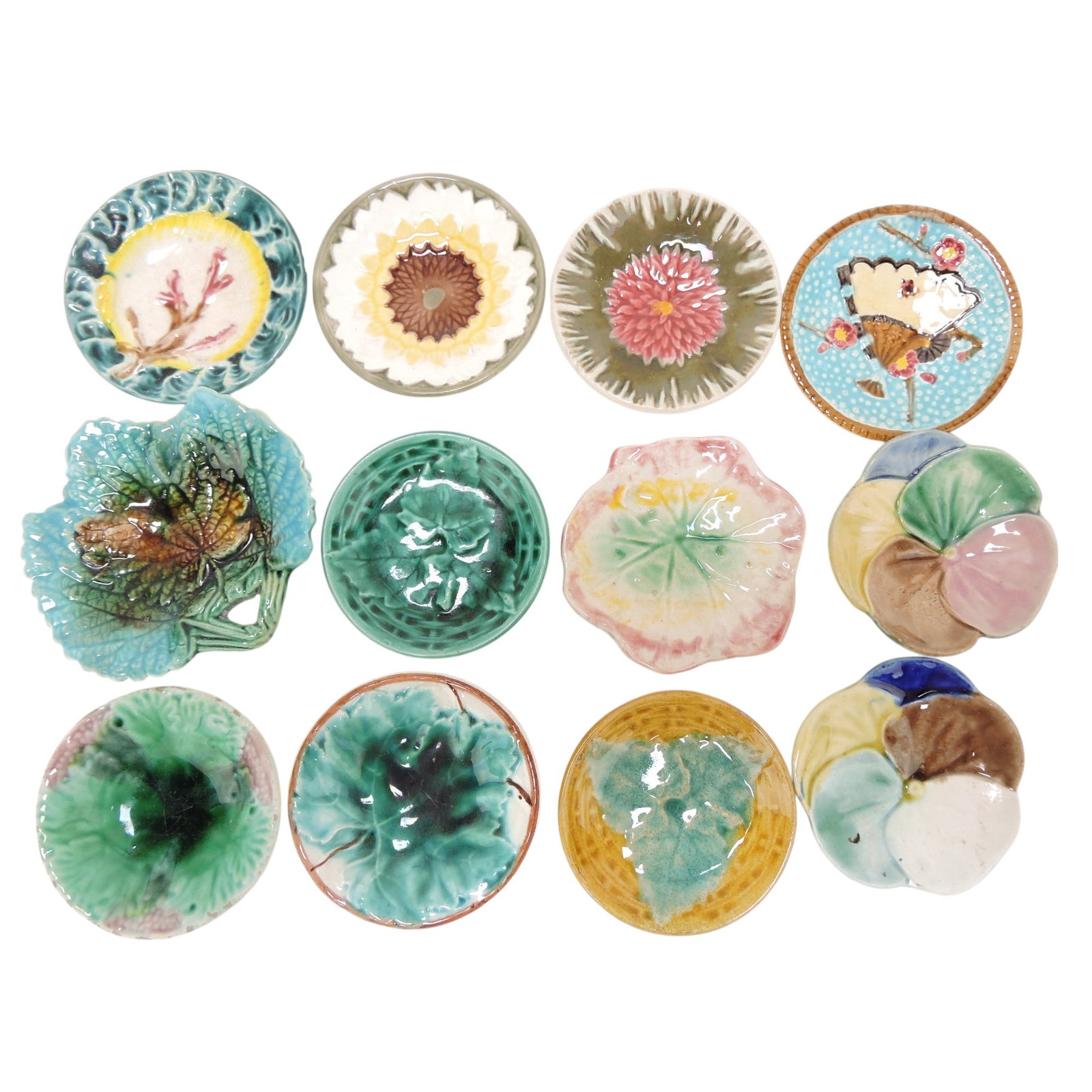 Majolica lot of 12 butter pats,: Wedgwood, Etruscan, and more, various condition