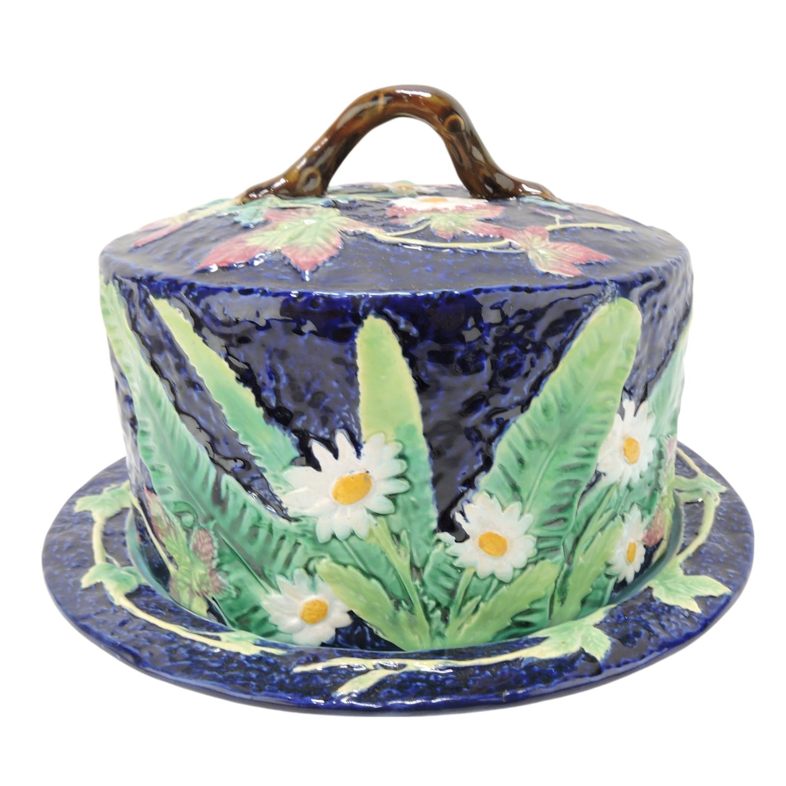 George Jones cobalt majolica: daisy cheese keeper, 7"h, 10 1/4"w