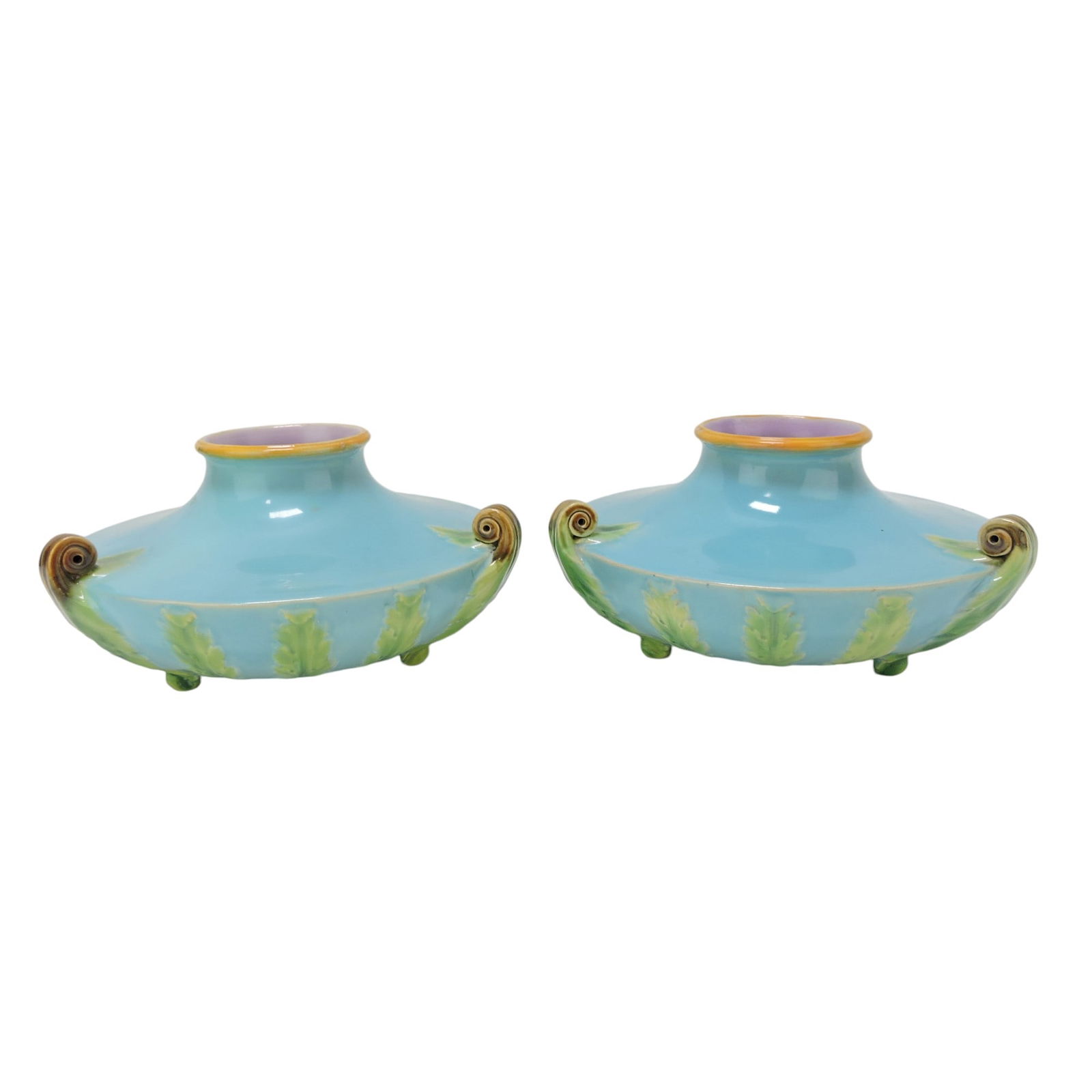 Minton majolica pair of turquoise: squatty vases, 4"h, 7 1/2"w