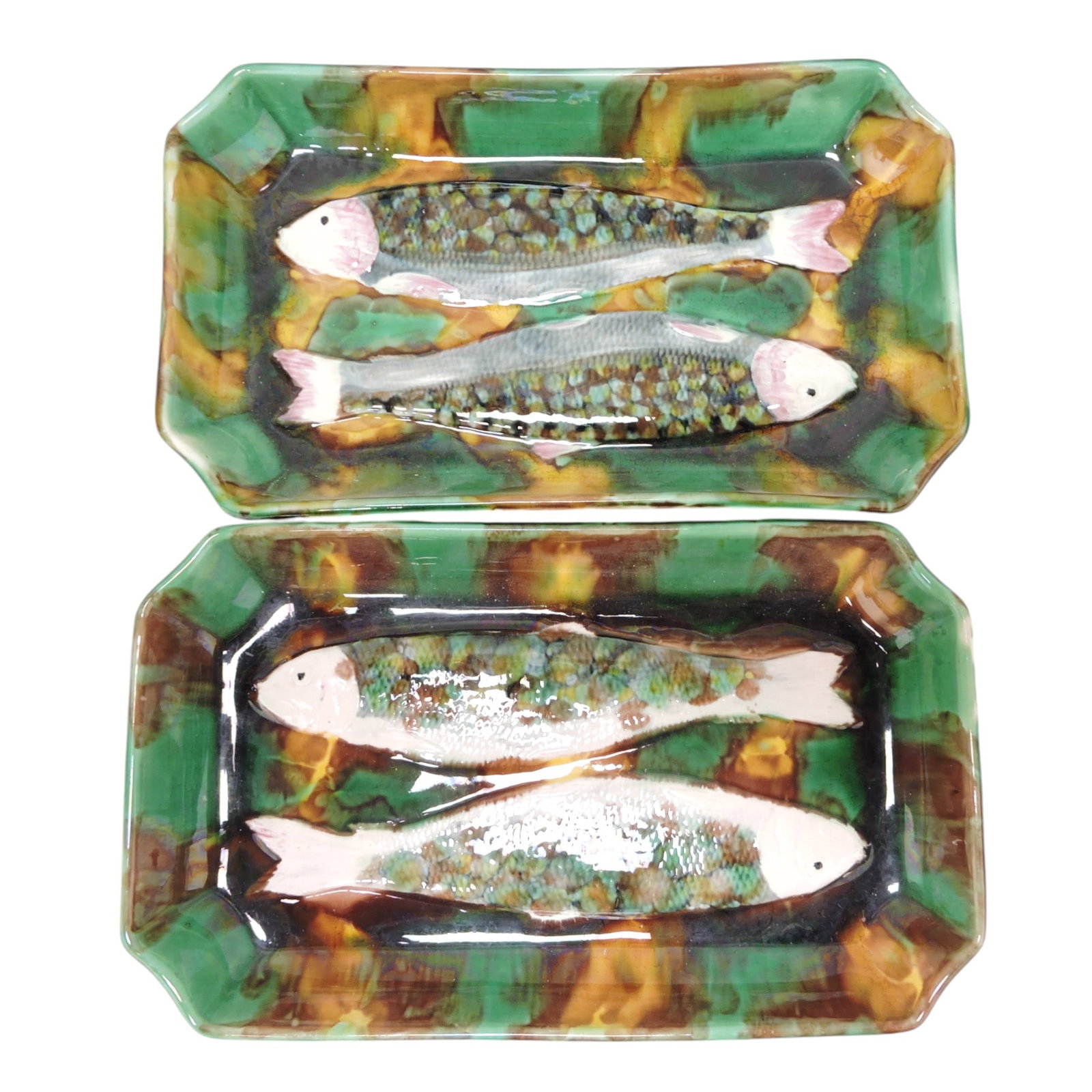 Wedgwood majolica pair of mottled: trays with fish, 10 1/2" x 6 1/2"