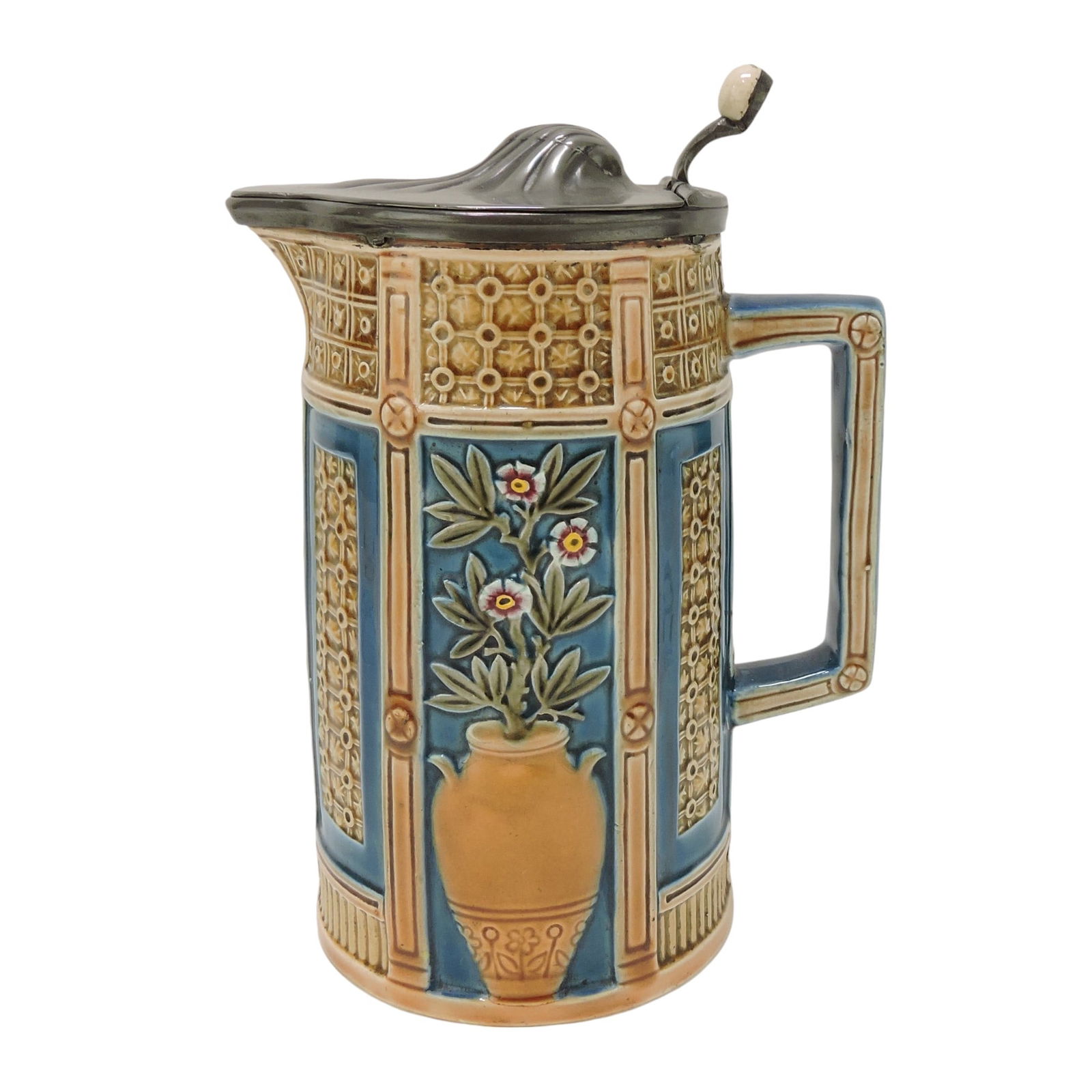 Wedgwood majolica flower and urn: pewter topped pitcher, 8"