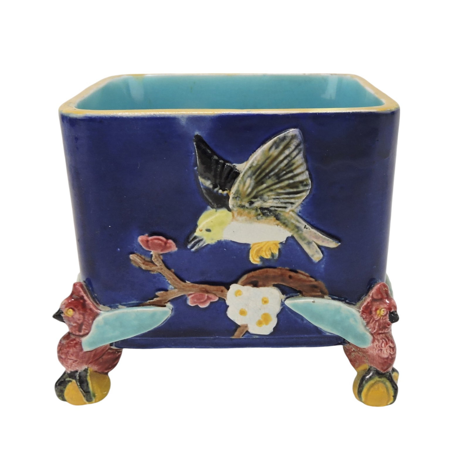 Holdcroft cobalt majolica planter: with bird and squirrel, owl corners, and ball and claw feet, 4"
