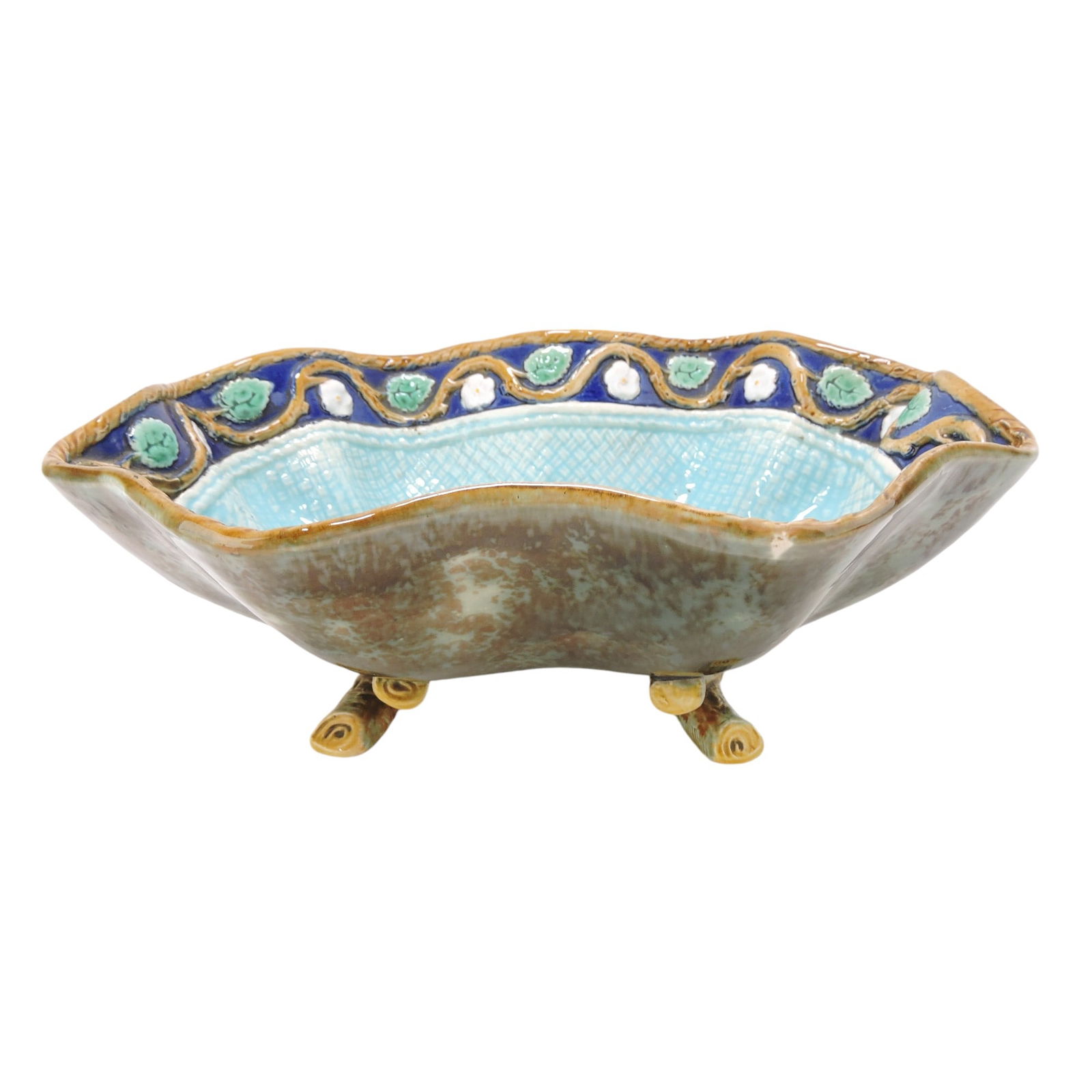 Holdcroft majolica twig footed bowl: with floral and vine cobalt rim, 4 1/2"h, 11"w