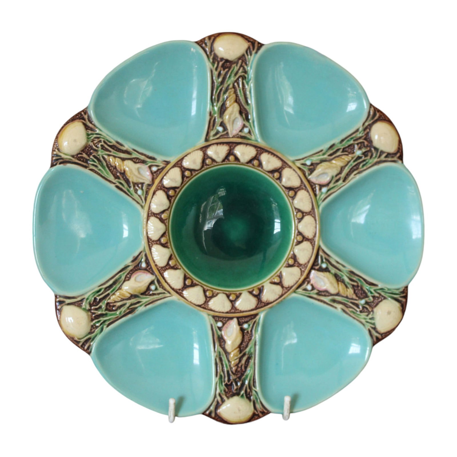 Minton majolica 6 well seafoam green: oyster plate shape no.1323, 9 “, great color and condition