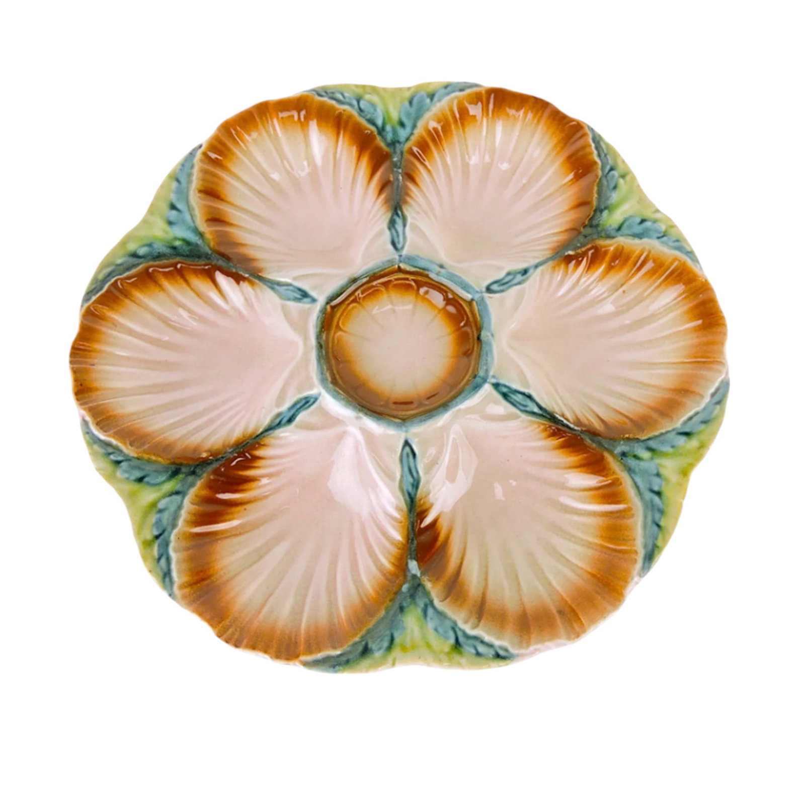 A Pair of Sarreguemines majolica: oyster plates with six wells separated by seaweed with a central sauce well, 9”