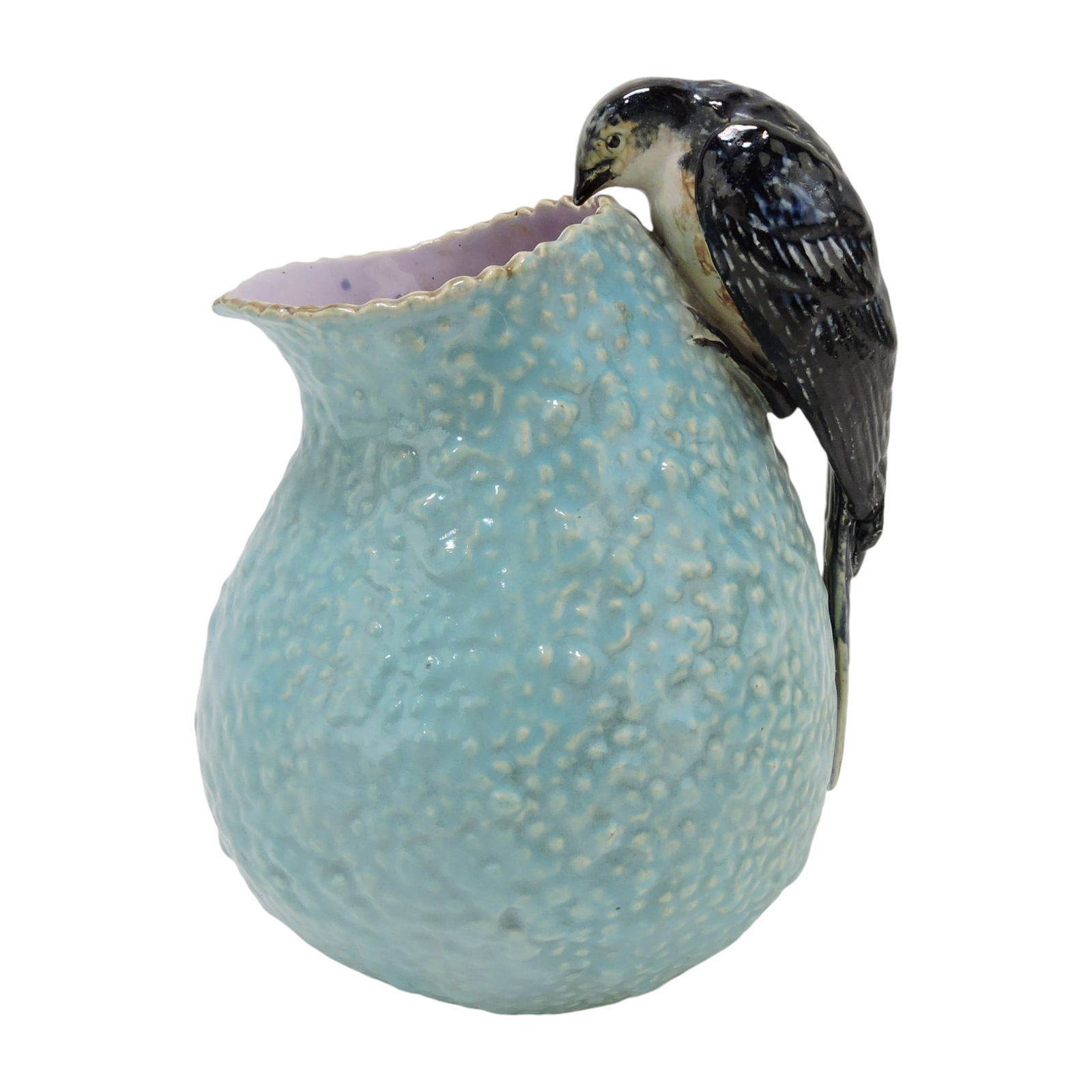 Rare George Jones Majolica: Turquoise Swallow and Nest Pitcher c.1875 with Victorian date lozenge to underside, 6”. Provenance: Nick Boston Antiques