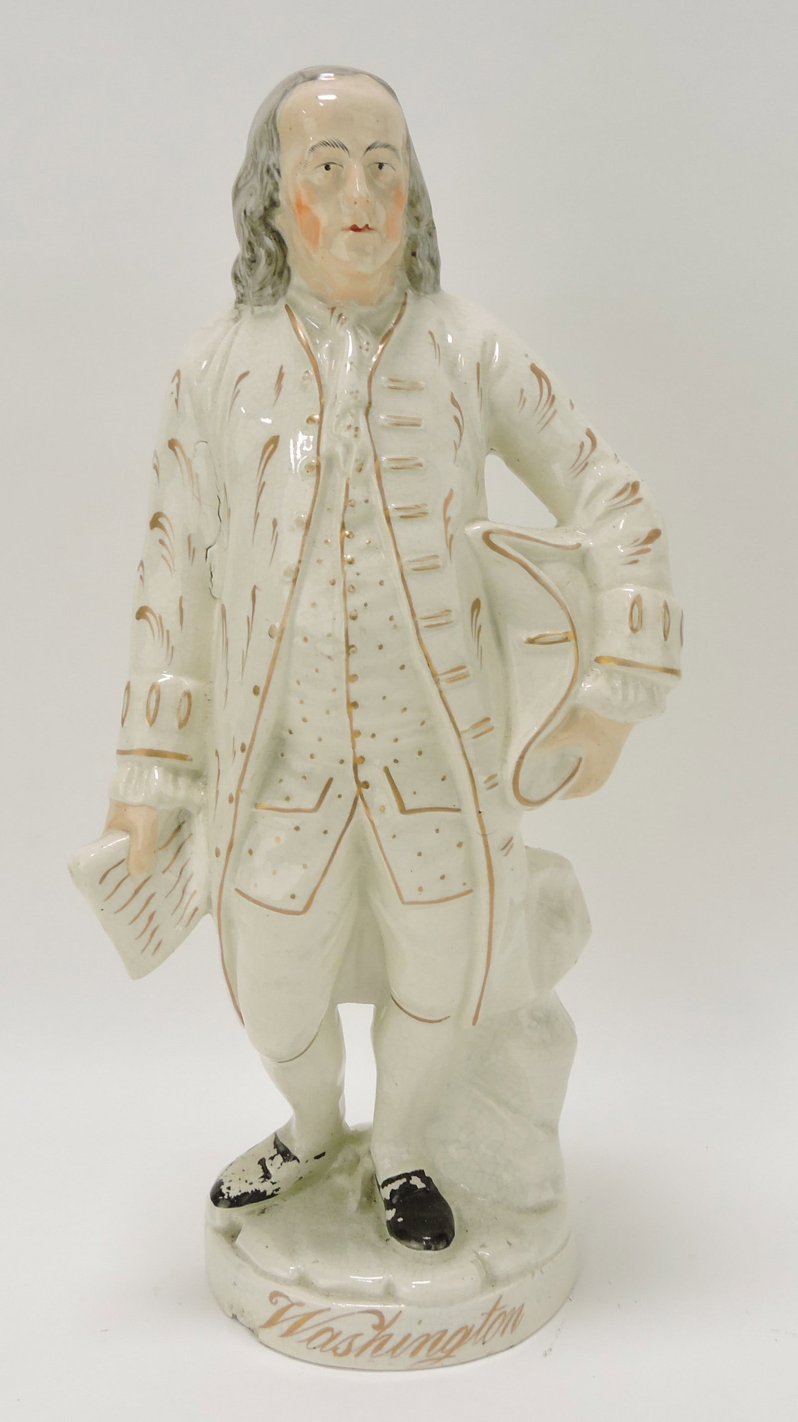 Staffordshire figure of Ben Franklin: labeled as Washington, 15 1/2", base chip