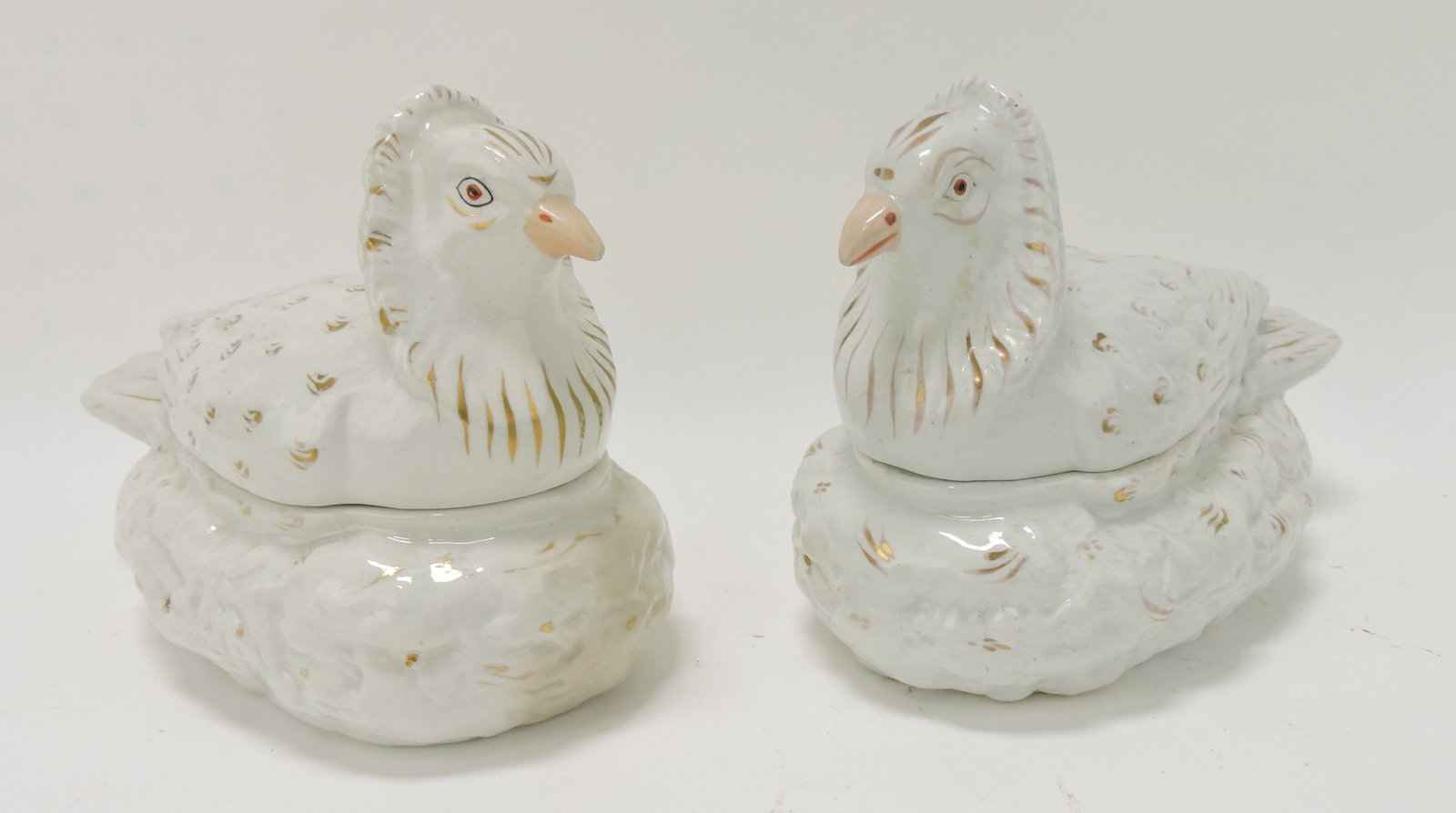 Staffordshire pair of pigeon covered: dishes, 6"h, 8"l