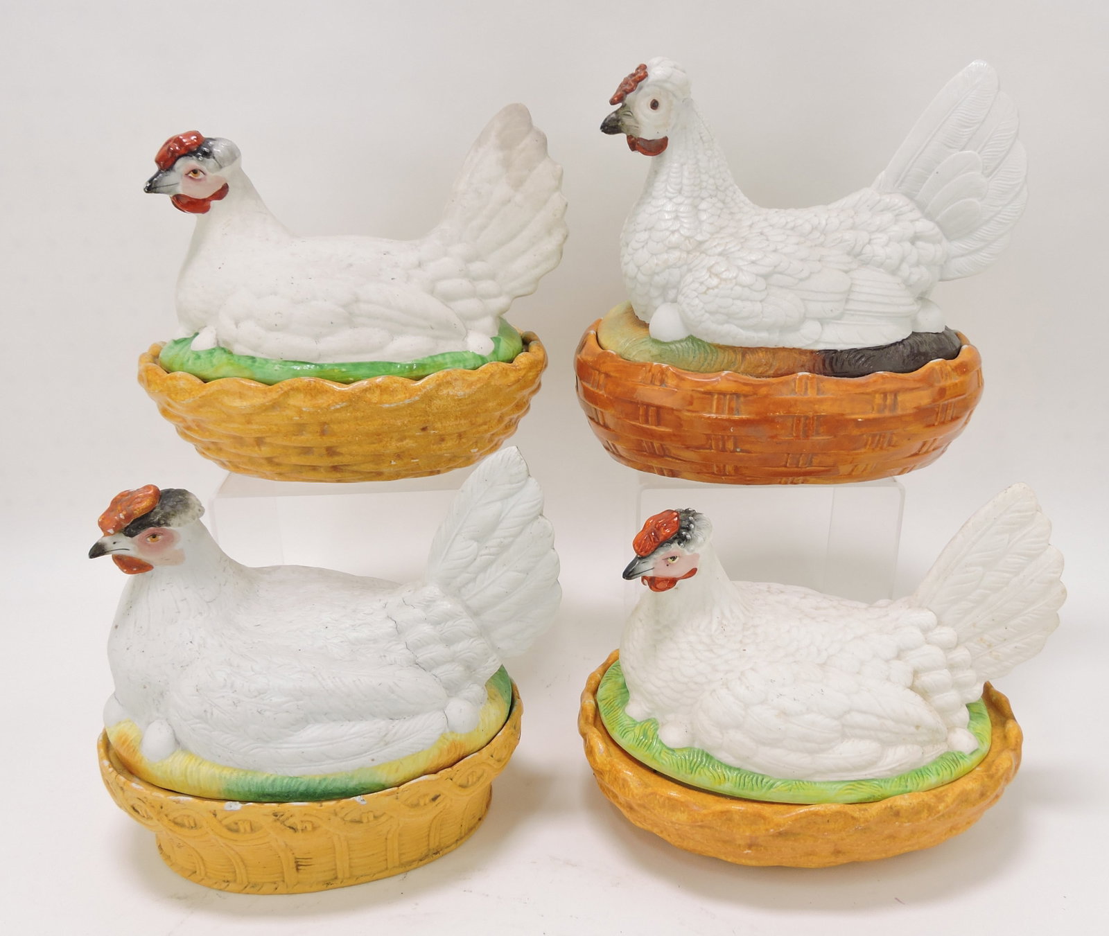 Staffordshire lot of 4 hens on nests,: 7 to 9"h