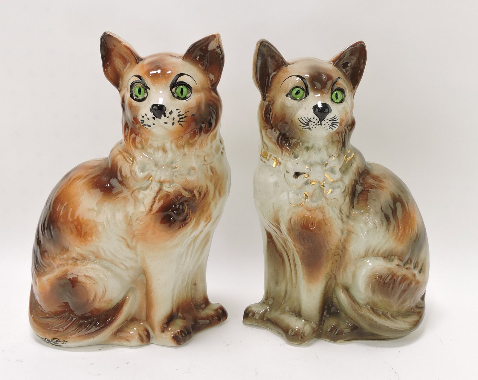 Staffordshire pair of cats with glass: eyes, 12"