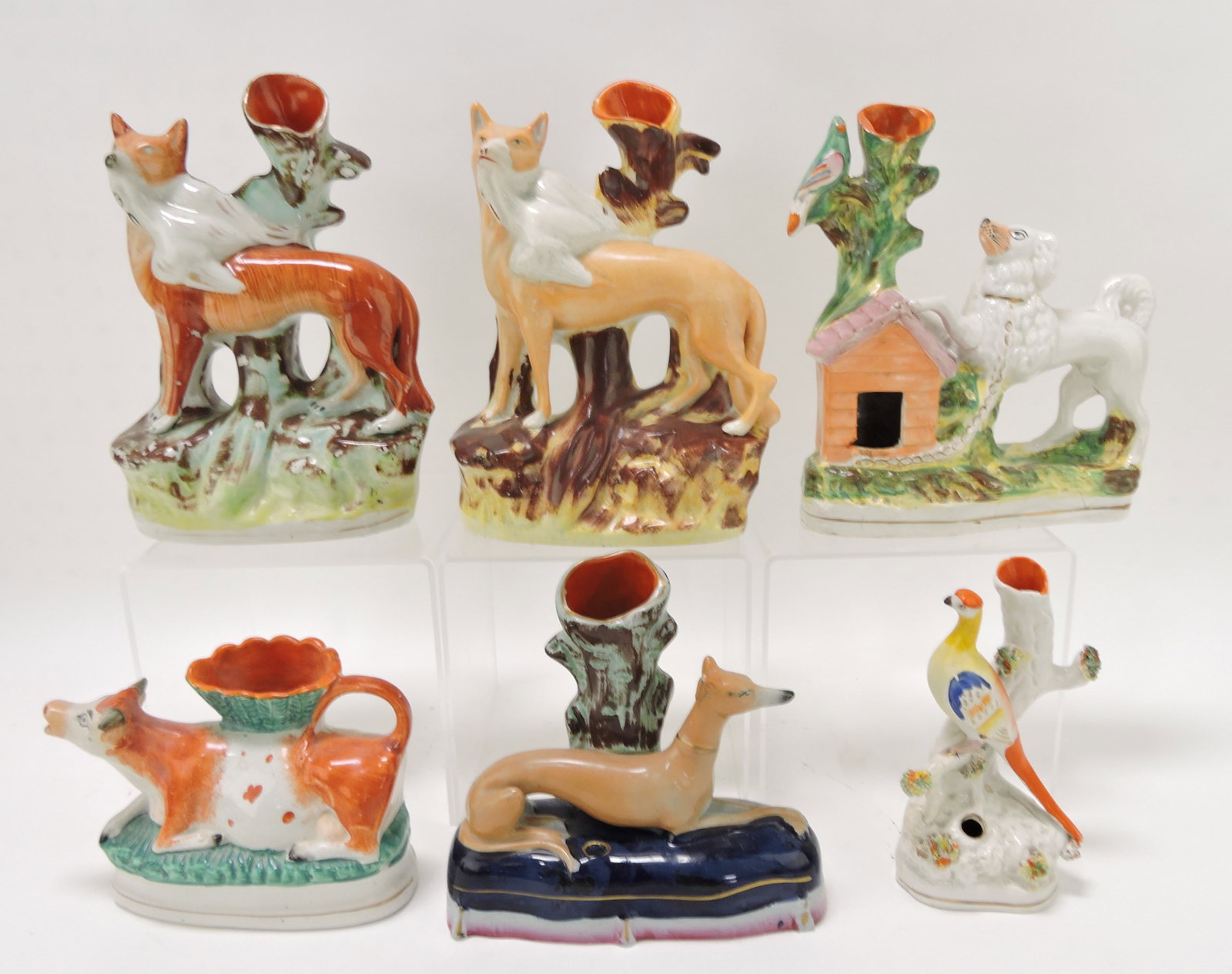 Staffordshire lot of 6 figural animal spill: vases, 4 1/2 to 9", various condition