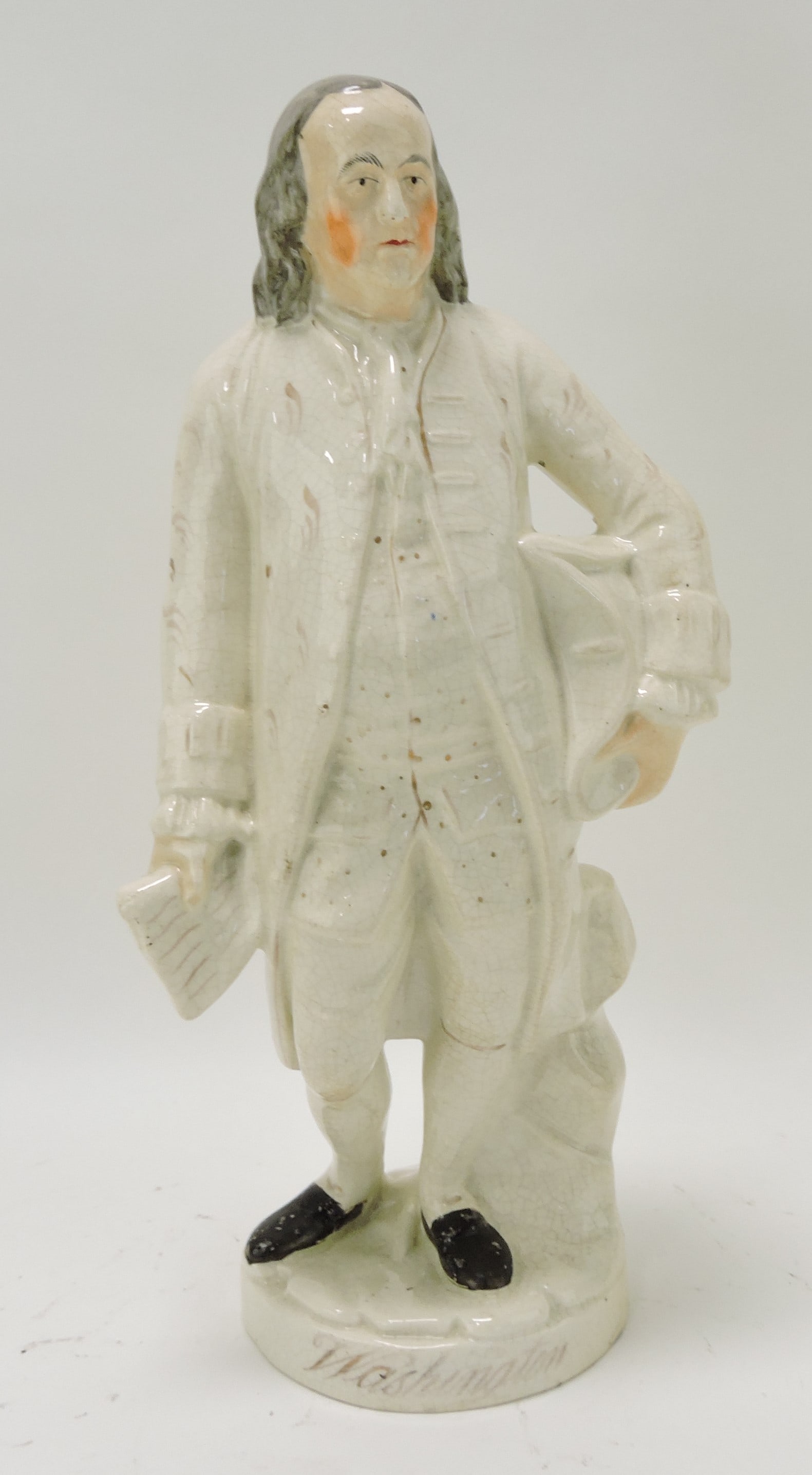 Staffordshire figure of Ben Franklin: labelled as Washington, 15"