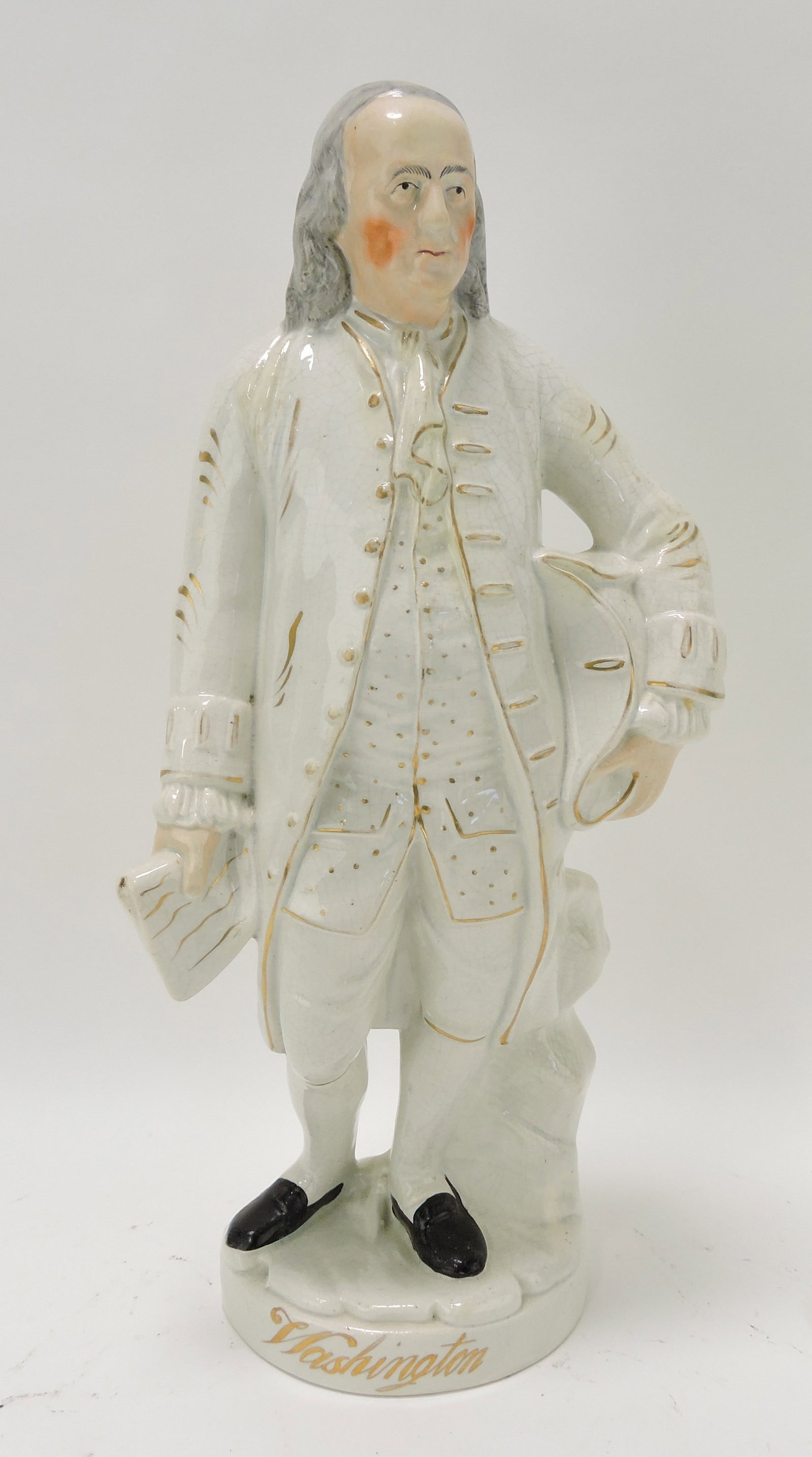 Staffordshire figure of Ben Franklin: labelled as Washington, 16"